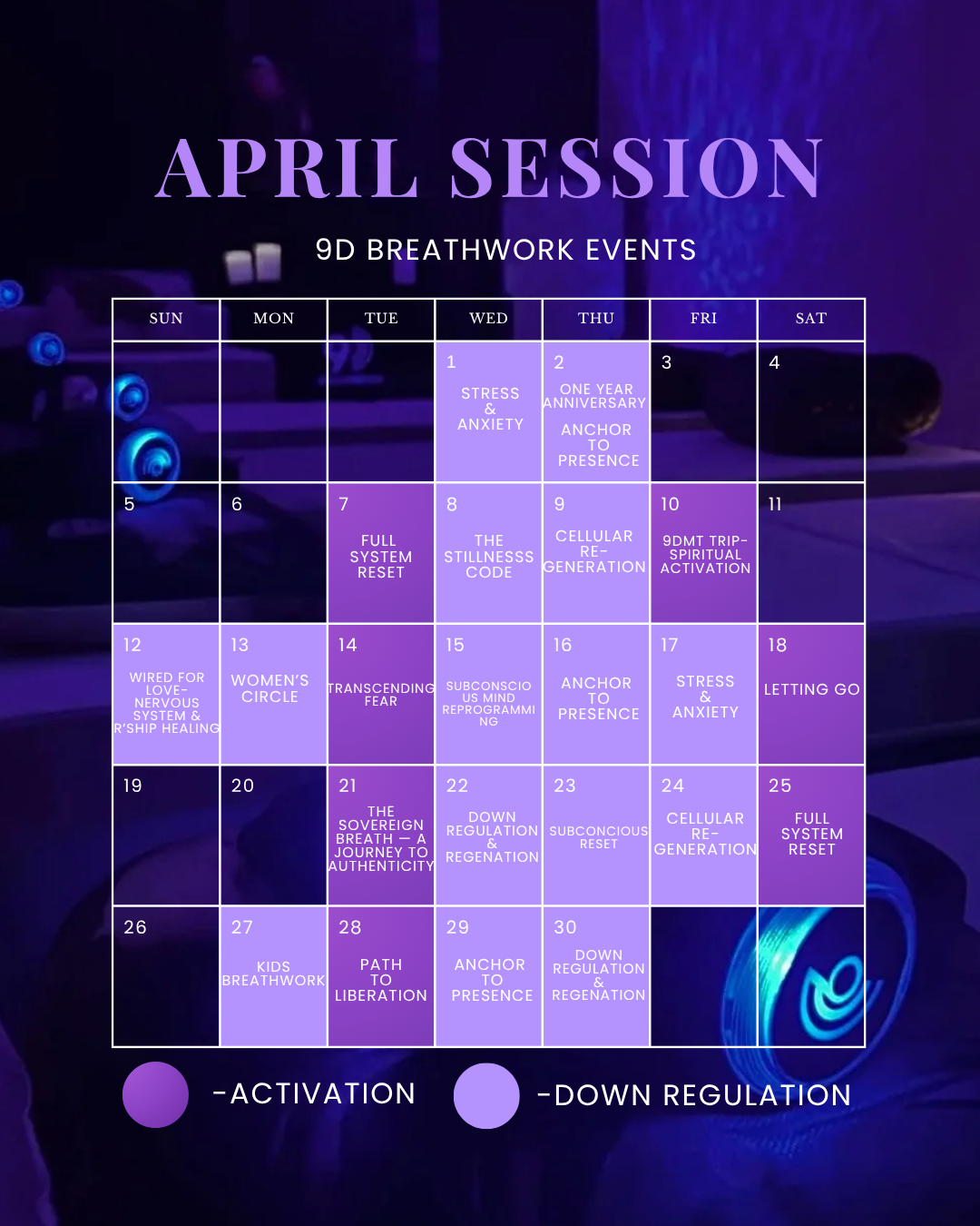 April 2026 9D breathwork session schedule at Kora Wellness Port Kembla — showing activation and down regulation sessions across the month