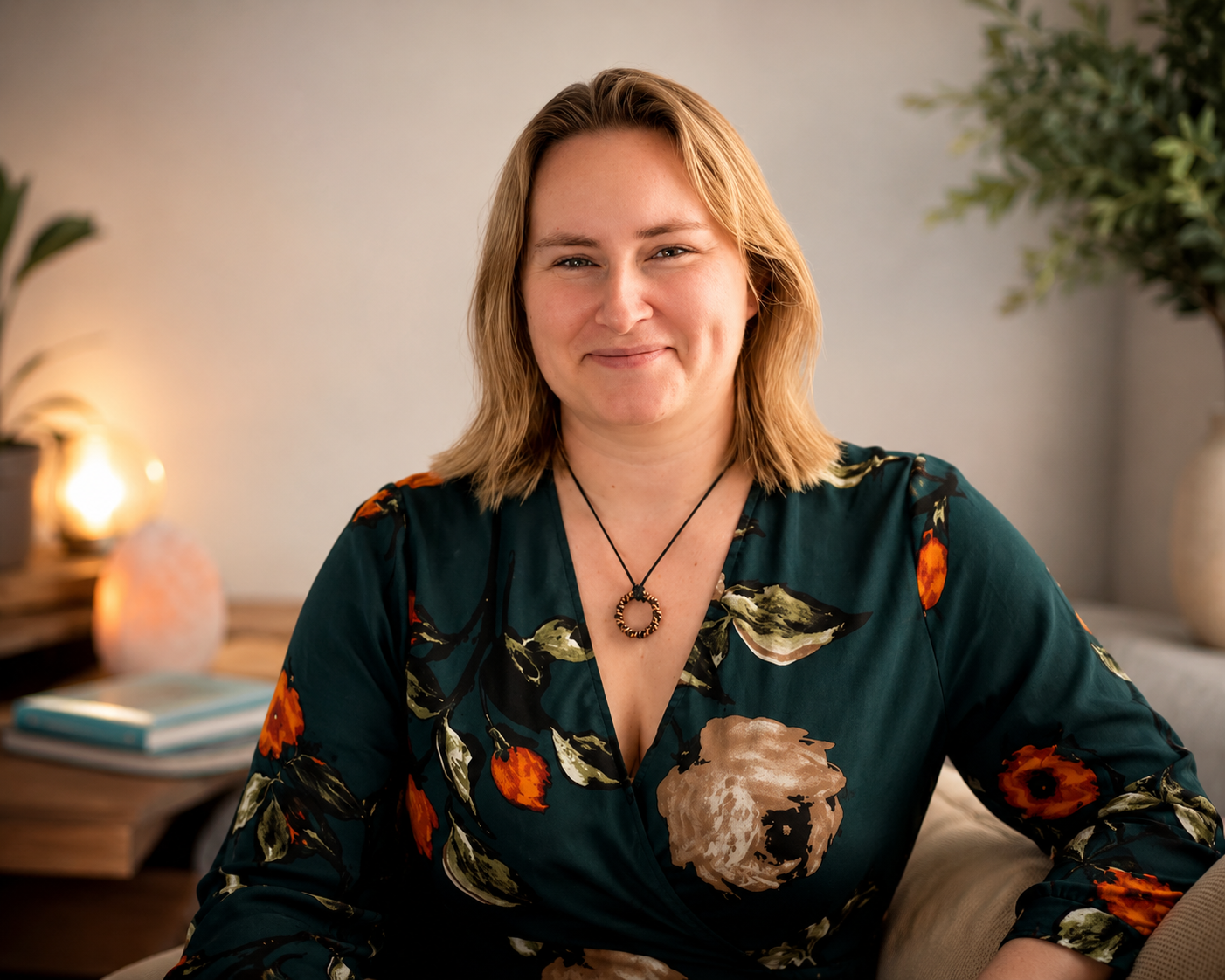 Jade Warren, owner of The Light Channel sitting in a green dress with a copper necklance on a beige lounge