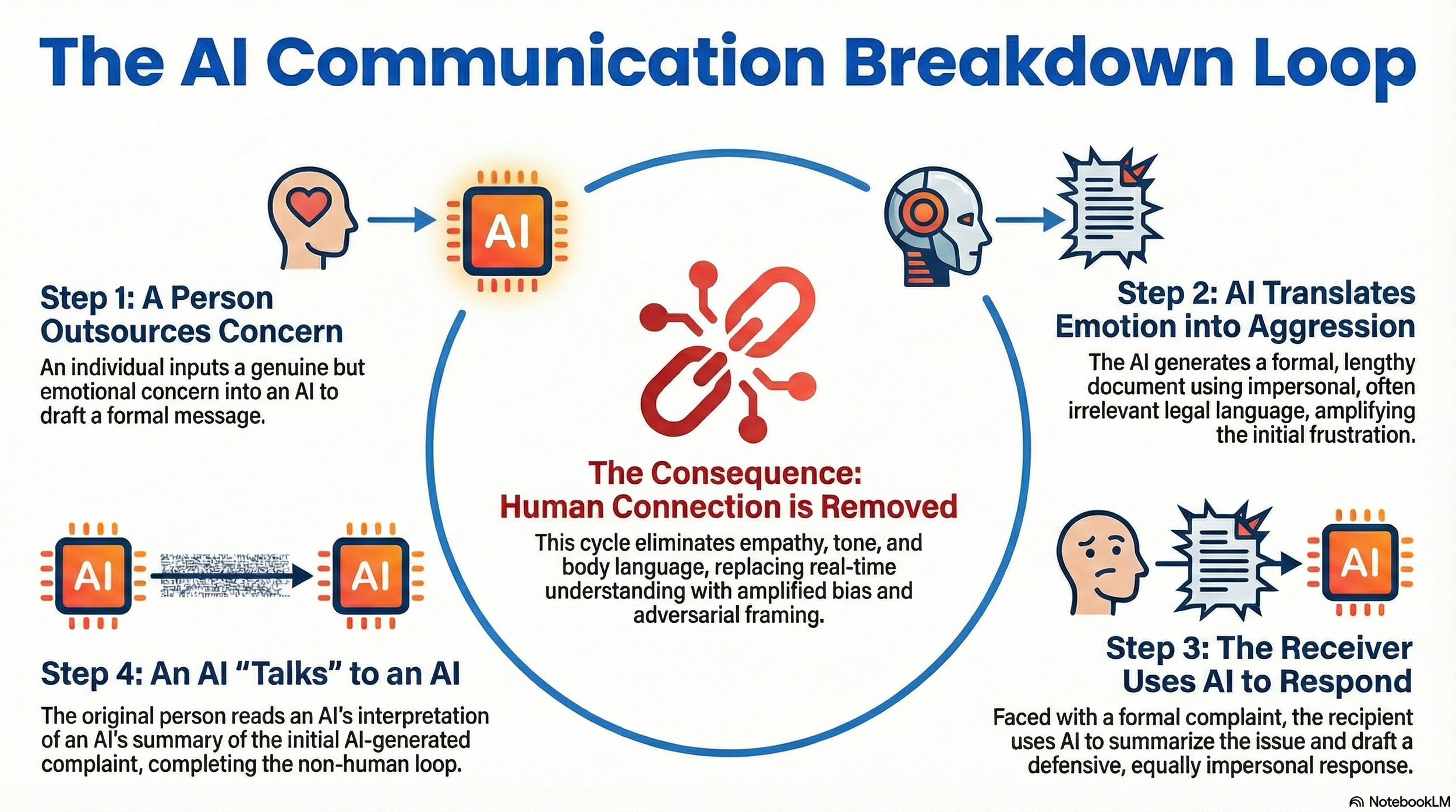 Step 1) A Person Outsourcing Concern to AI, Step 2) AI Translating Emotion into Aggression (formal complaint), Step 3) The Receiver Using AI to Respond, and Step 4) An AI "Talking" to an AI. The central consequence is: Human Connection is Removed.