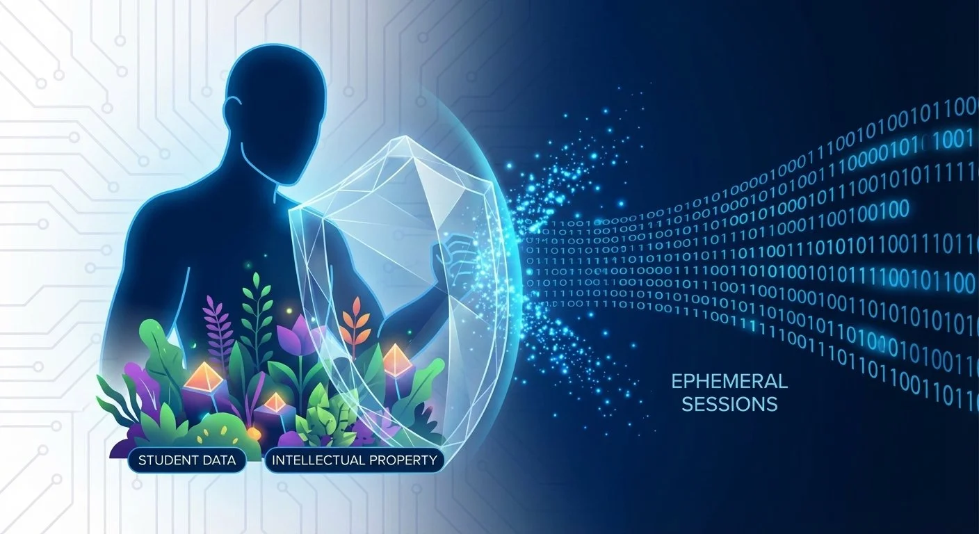 Abstract visualization of the Open-Source Standard: A glowing human silhouette protected by a transparent ethical shield, symbolizing the Connected Classroom commitment to 100% free, radically transparent, and privacy-first AI for educators.