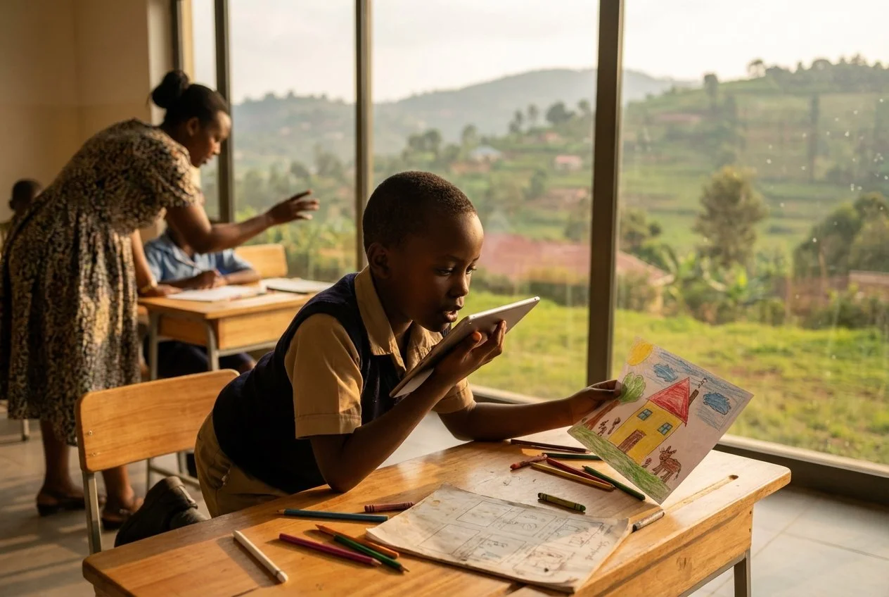 a primary student in a Rwandan classroom using a tablet for digital storytelling, surrounded by icons representing audio, visual, and text creativity, symbolizing multimodal learning.