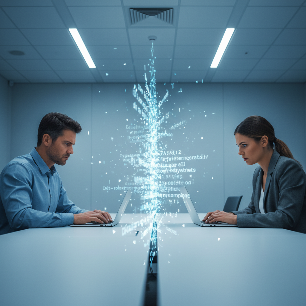 Metaphorical illustration of a breakdown in communication: Two human silhouettes separated by a sharp, adversarial wall of formal text and legal symbols, representing the negative intensification bias of AI-mediated conflict.