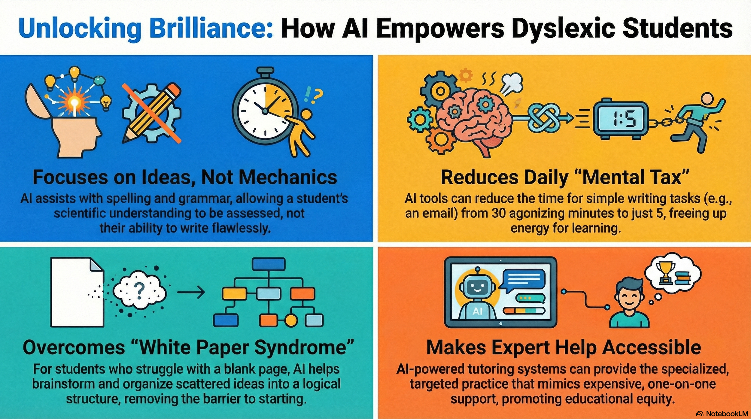 How AI Empowers Dyslexic Students" illustrating four benefits: focusing on ideas over mechanics, reducing daily mental tax, overcoming white paper syndrome, and making expert tutoring accessible through AI tools.