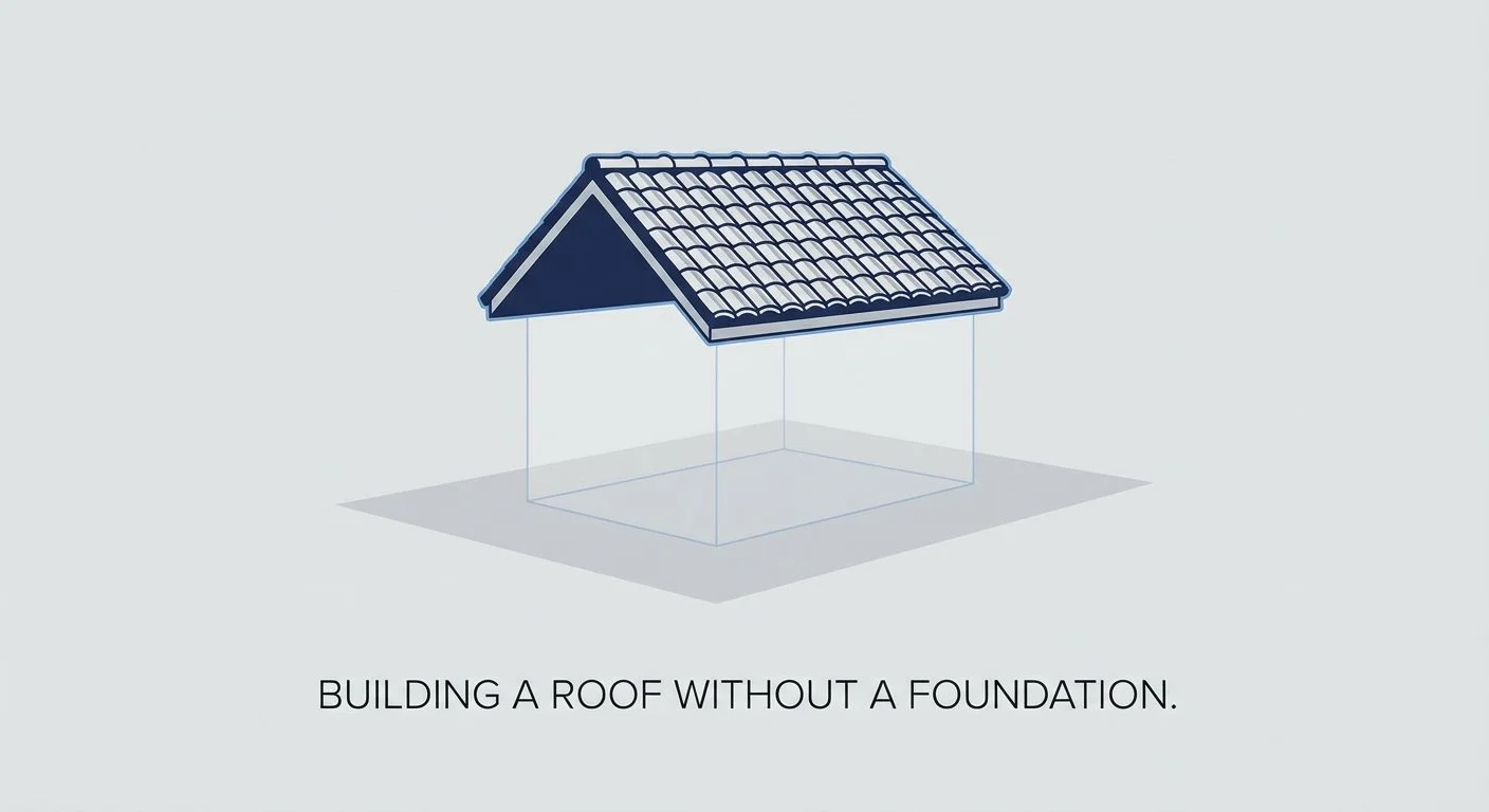 Illustration of "The Inversion Crisis" in AI education: A house roof floating without a foundation, symbolizing students outsourcing critical thinking and analysis to AI, leading to shallow learning without core understanding