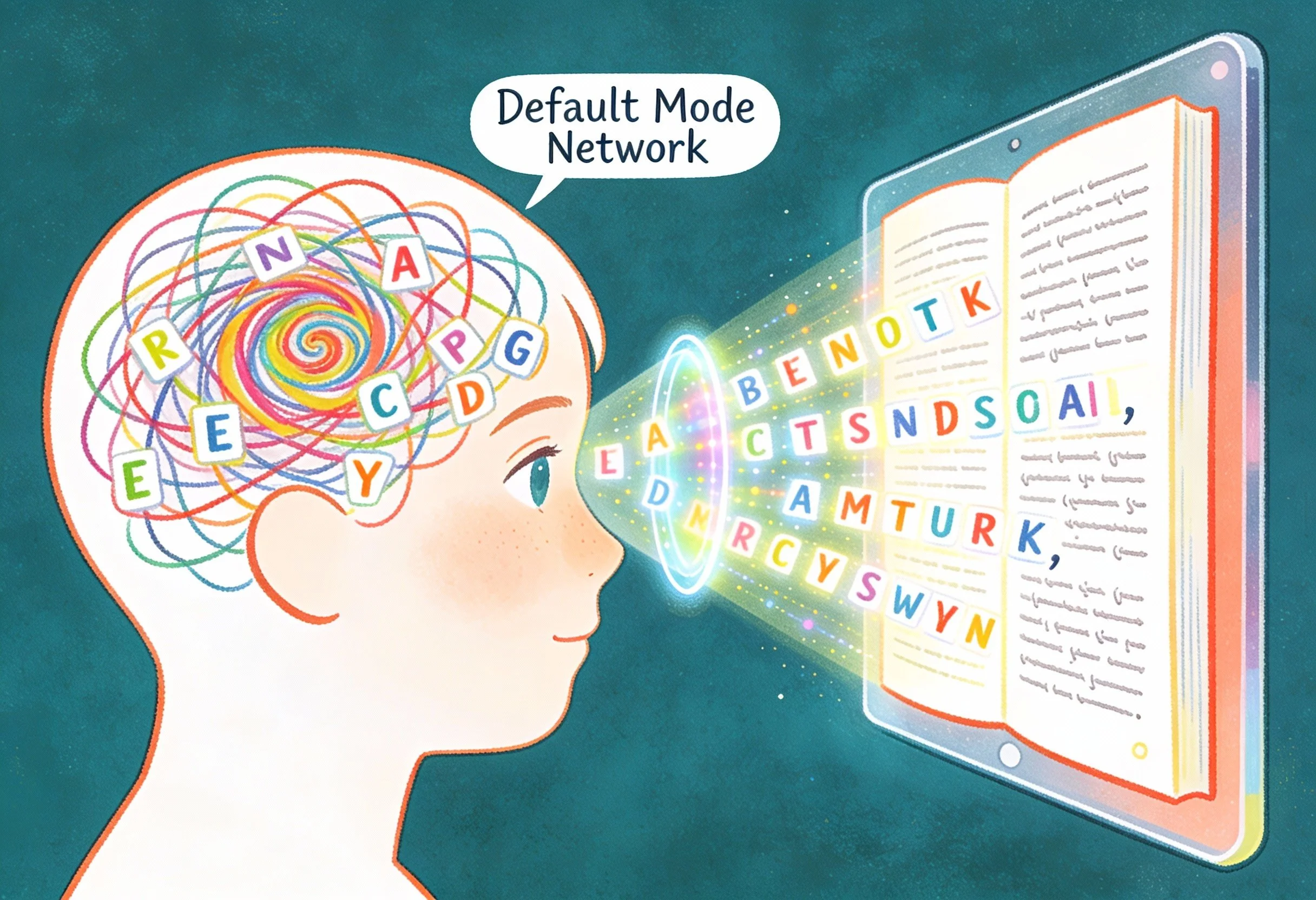 a neurodivergent mind where scattered, jumbled letters pass through a glowing lens of Artificial Intelligence and transform into clear, organized text,