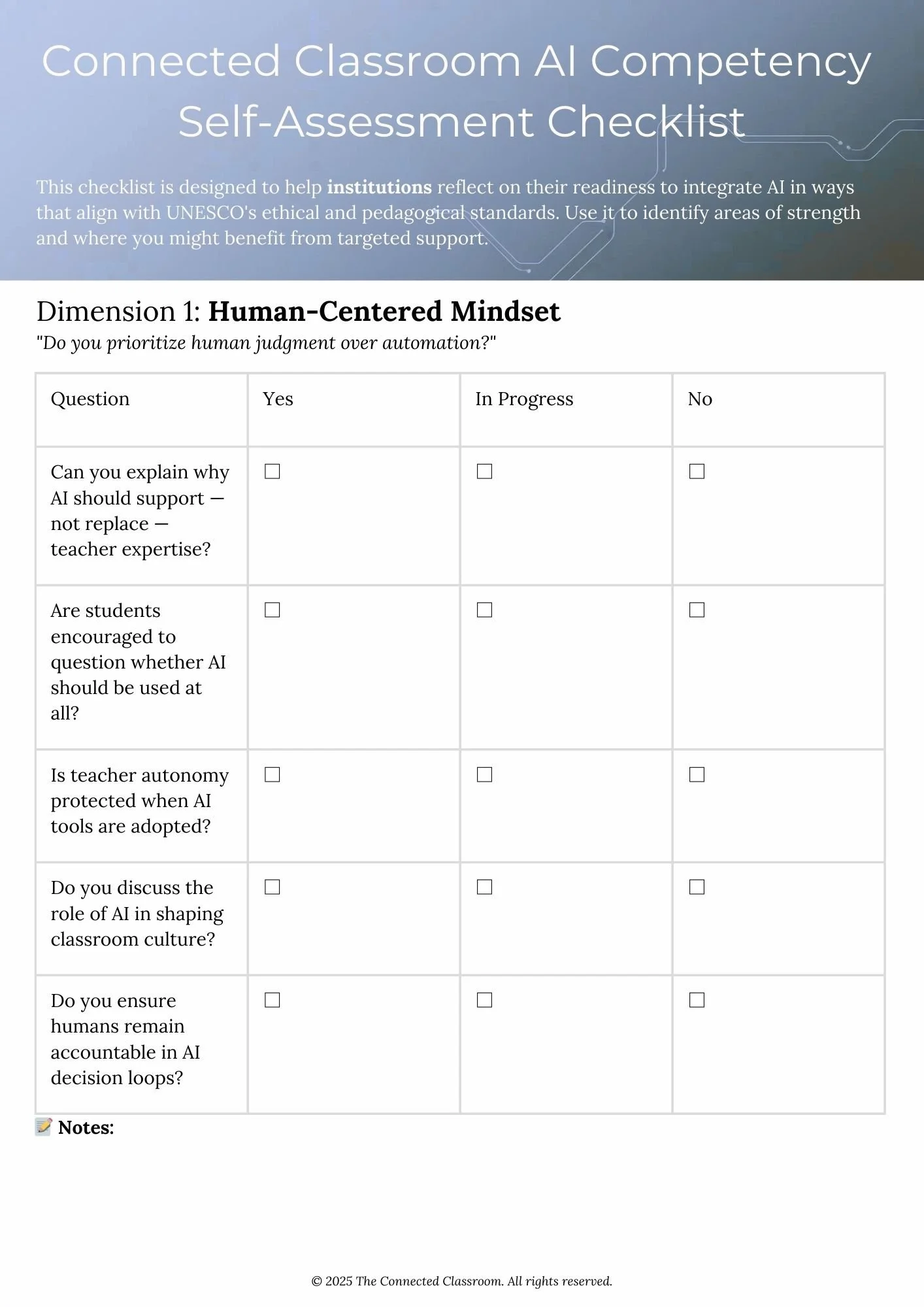 A self-assessment checklist titled 'Connected Classroom AI Competency Self-Assessment Checklist' for institutions to evaluate their readiness to integrate AI based on UNESCO standards. It features a section on 'Dimension 1: Human-Centered Mindset' with questions about teacher autonomy, student encouragement, AI support, and classroom culture.