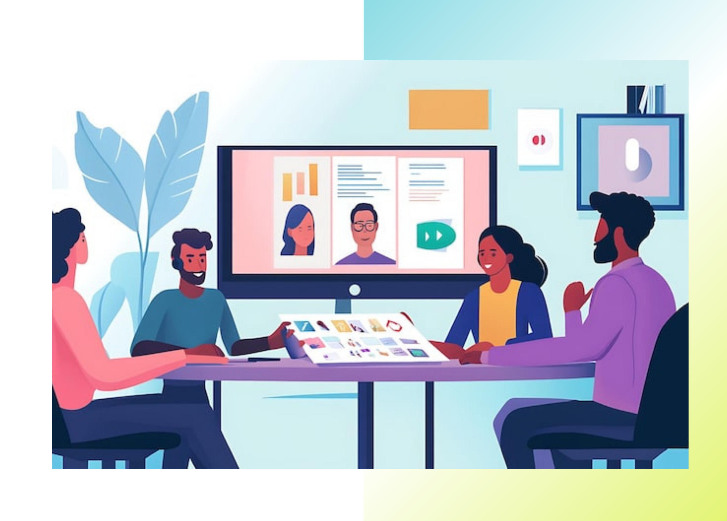 Cross-functional team reviewing a design prototype together on a large screen