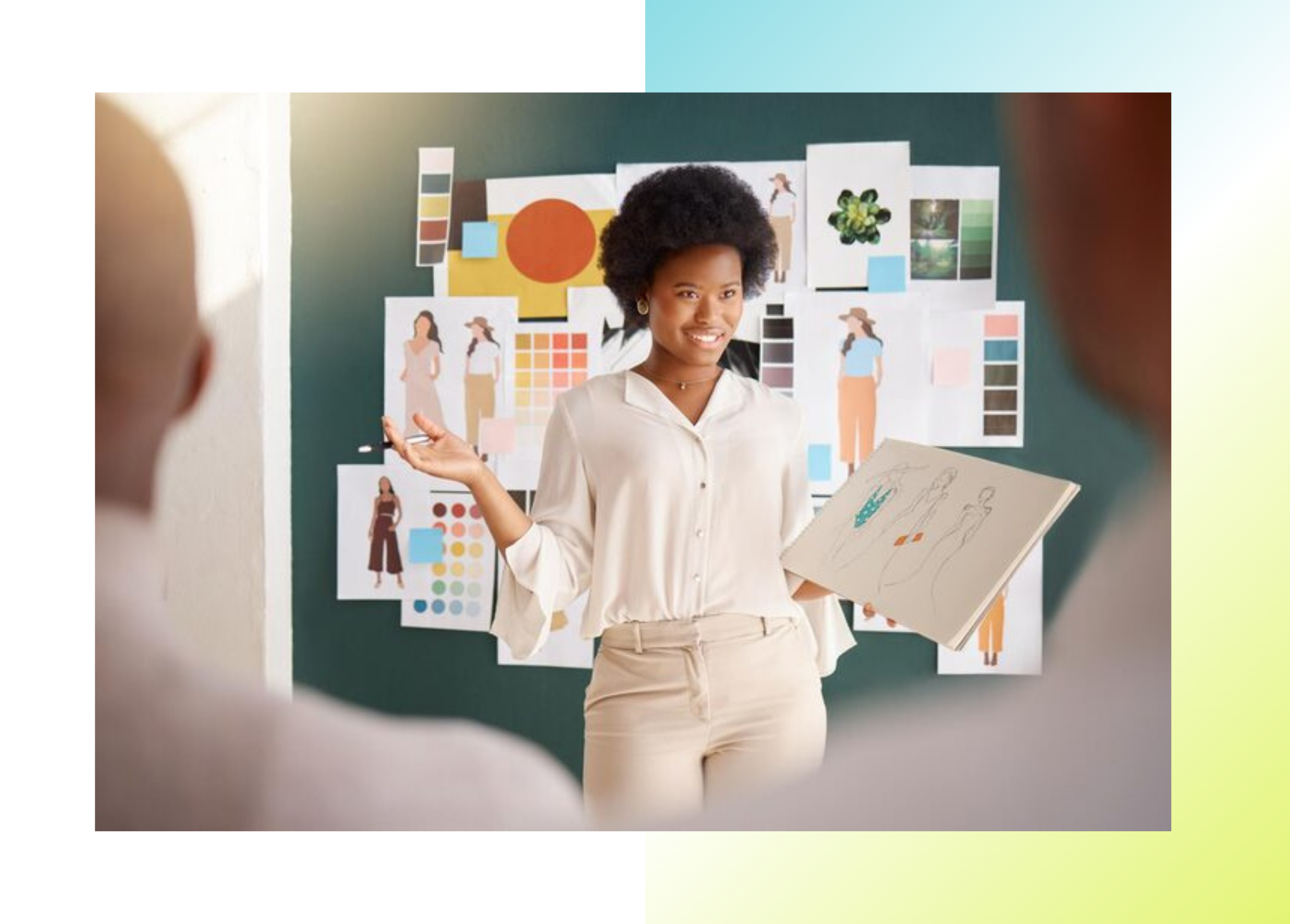 Product manager presenting data to executives in a boardroom meeting