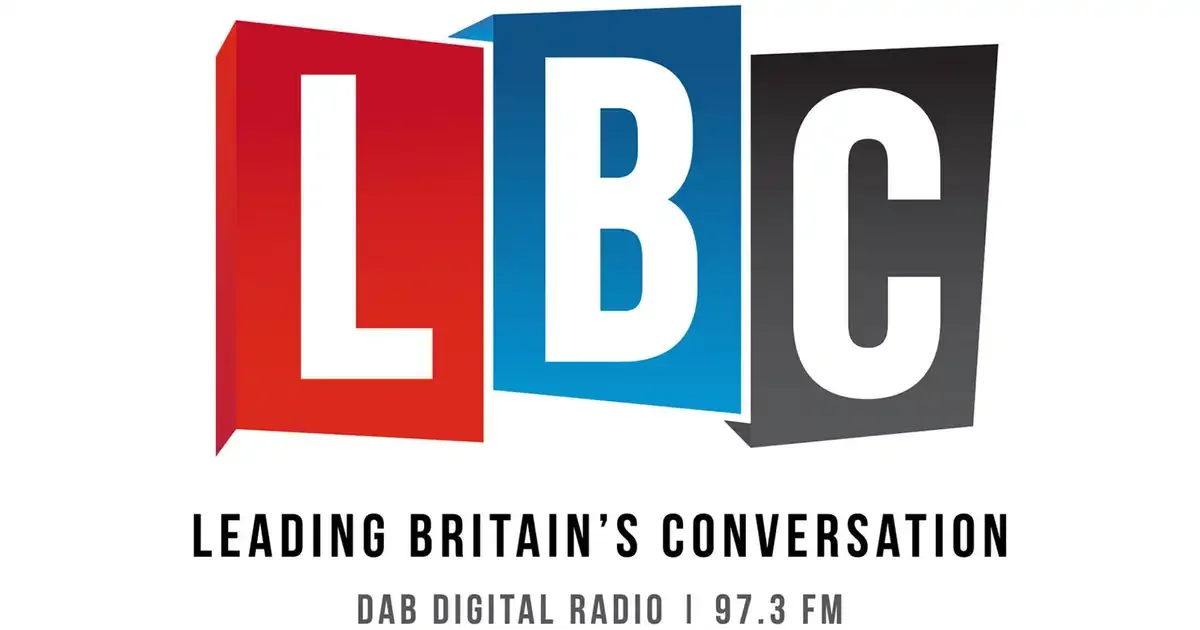 LBC logo with red, blue, and black speech bubbles spelling out LBC and the tagline "Leading Britain's Conversation" with DAB digital radio and 97.3 FM.