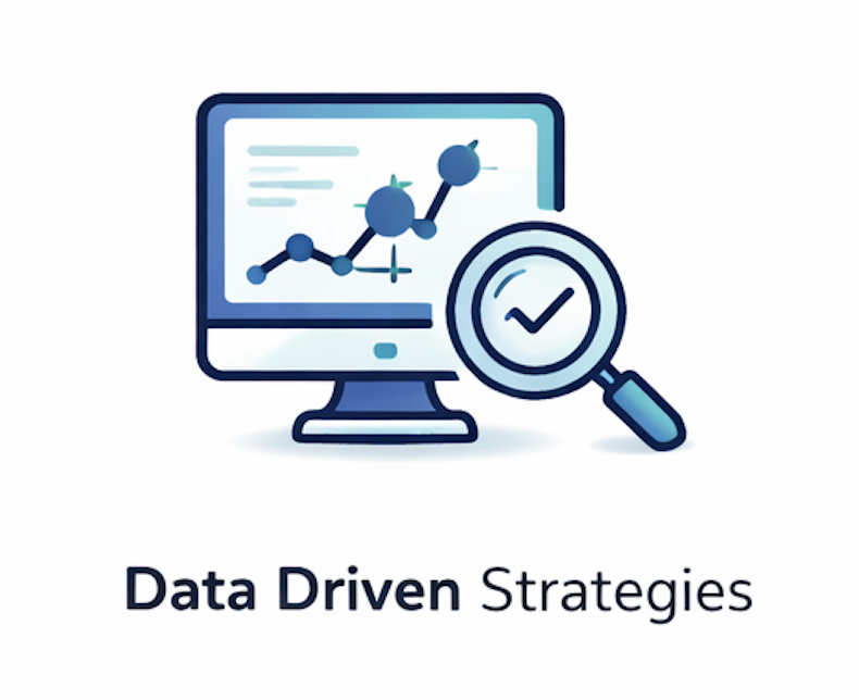 Computer monitor showing a rising data graph with a magnifying glass and a checkmark, representing data analysis and validation, with the text "Data Driven Strategies" below.