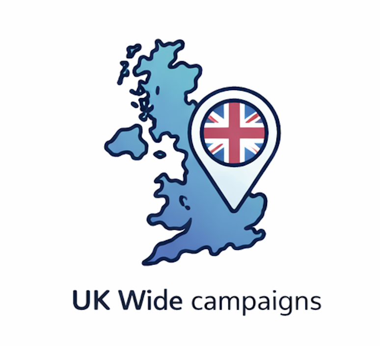 A map of the United Kingdom with a location marker containing the British flag, and text that reads 'UK Wide campaigns'.