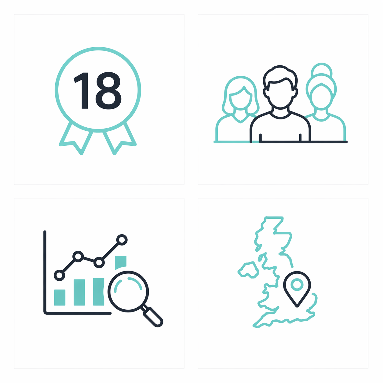 Four icons: an 18 badge, a group of three people, a line graph with a magnifying glass, and a map of the United Kingdom with a location marker.