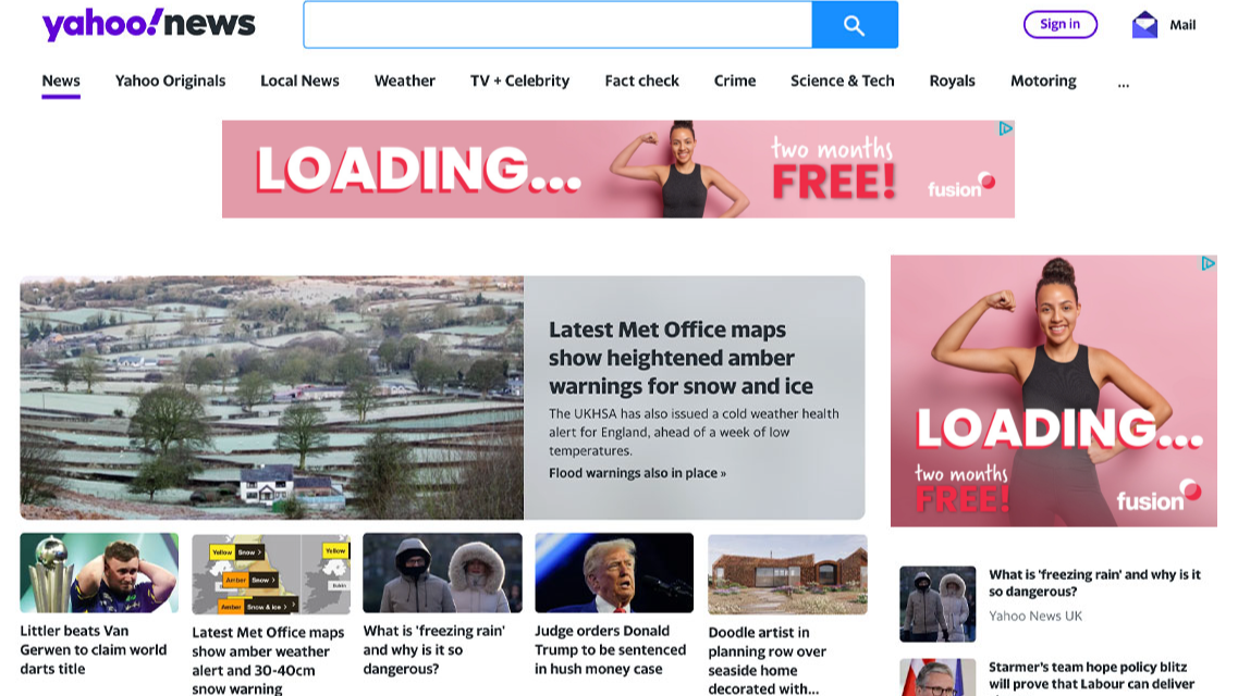 Screenshot of Yahoo News homepage displaying news articles, weather updates, and advertisements.
