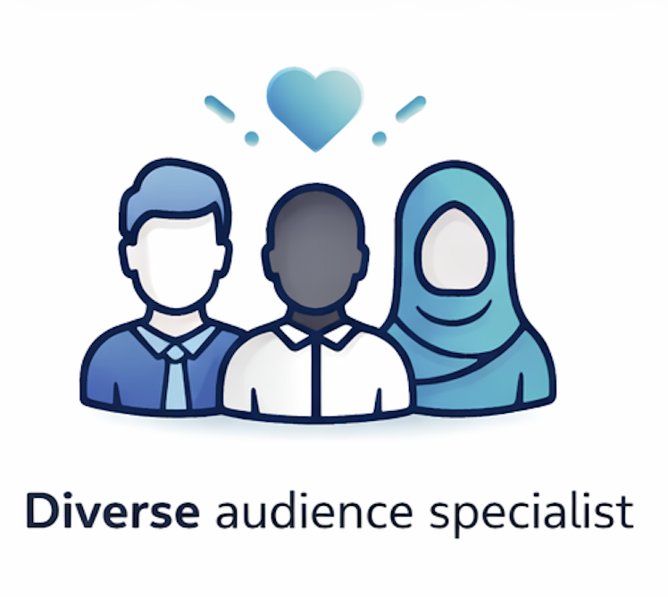 Illustration of diverse people including a man in a suit, a person in a collared shirt, and a woman wearing a hijab, with a heart above them, representing a diverse audience.