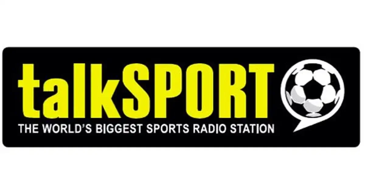 Logo for talkSPORT radio station featuring yellow and white text, a football graphic, and the tagline 'The World's Biggest Sports Radio Station' on a black background.