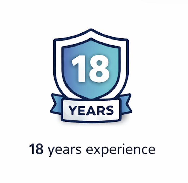 A badge with the number 18 inside a shield, and a banner below it reading 'YEARS', indicating 18 years of experience.