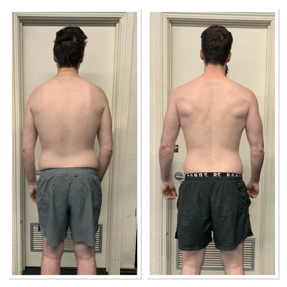 Comparison photo showing a man's back before and after weight loss or fitness progress, with the left image labeled 'before' and the right image labeled 'after'.
