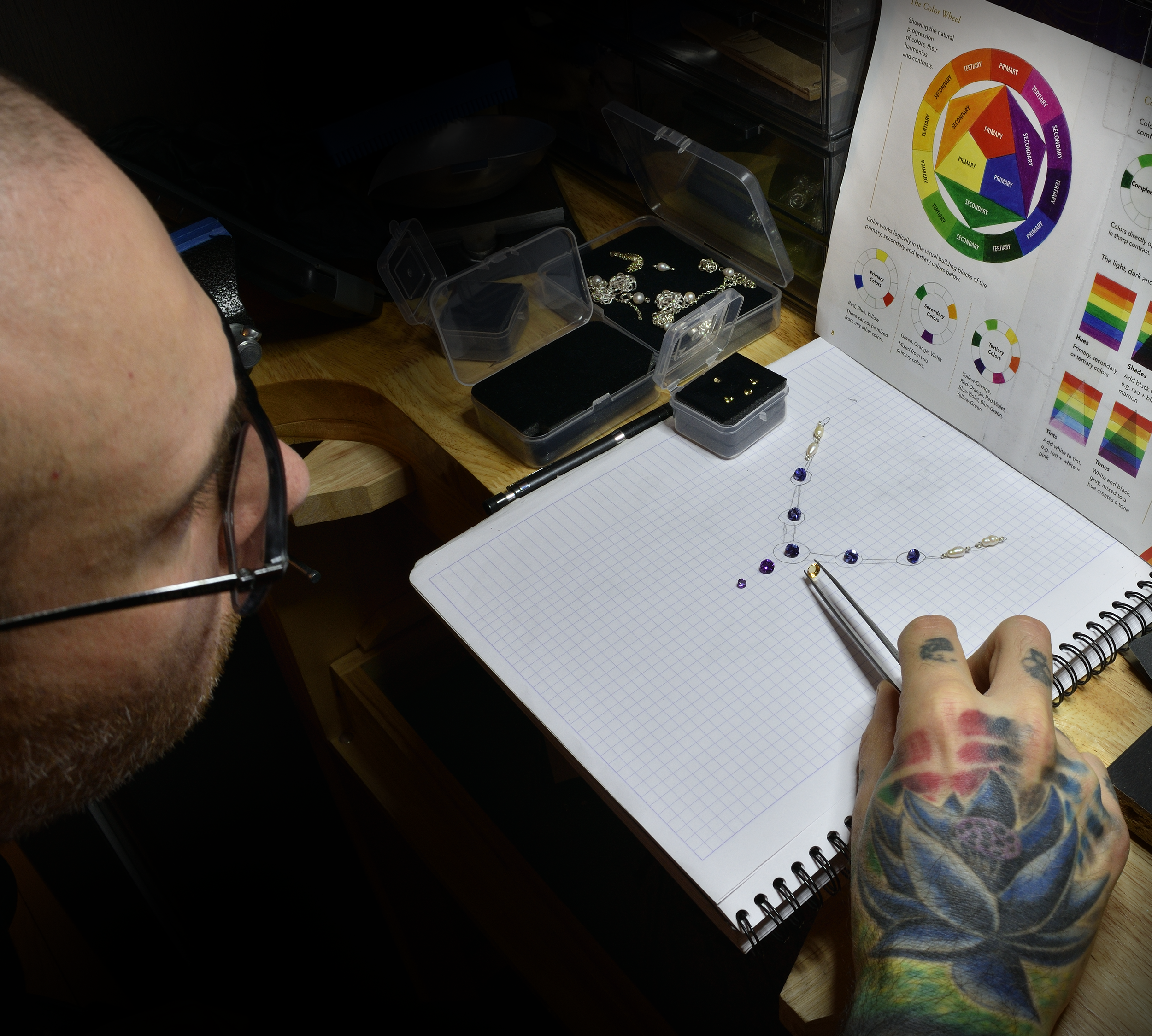 Jae selecting a color pallette of gemtones