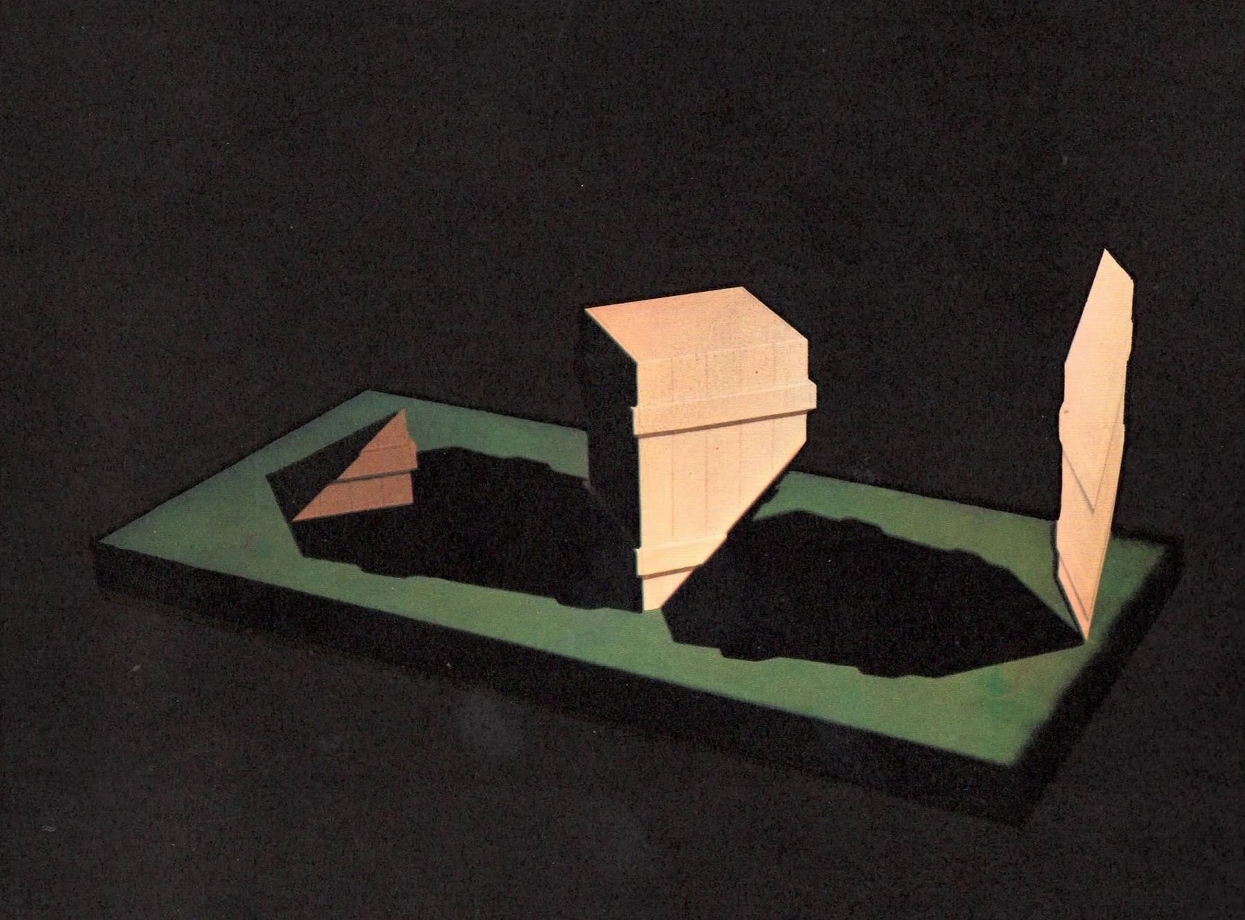 Shaddow Crate IV. Wood and paint on green baize with framing spotlight. 84' long. 1972.