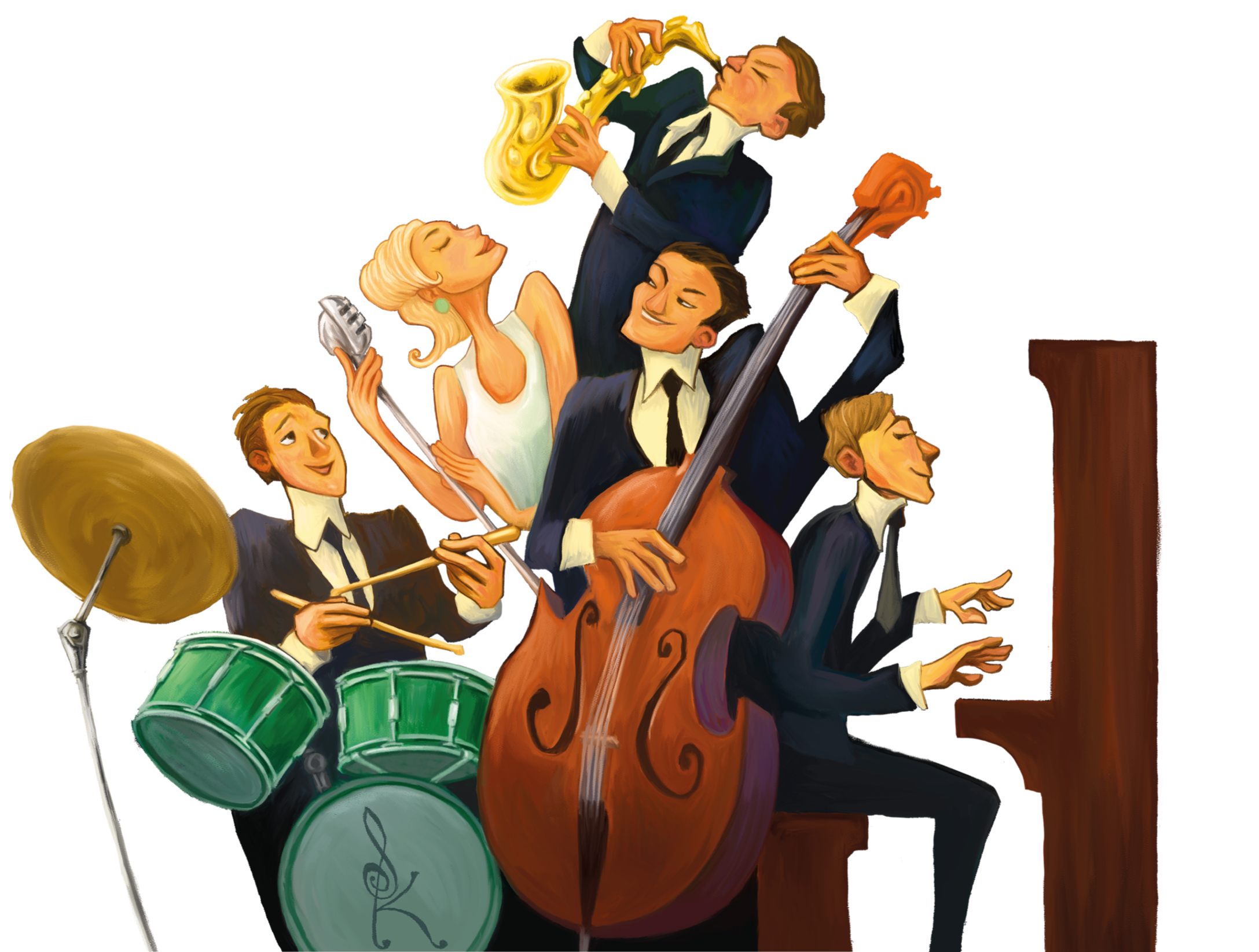 En teateruppsättning med musiker som spelar jazz, inklusive en saxofonist, en trumpetsolist, en basist, en trummis och en sångerska.