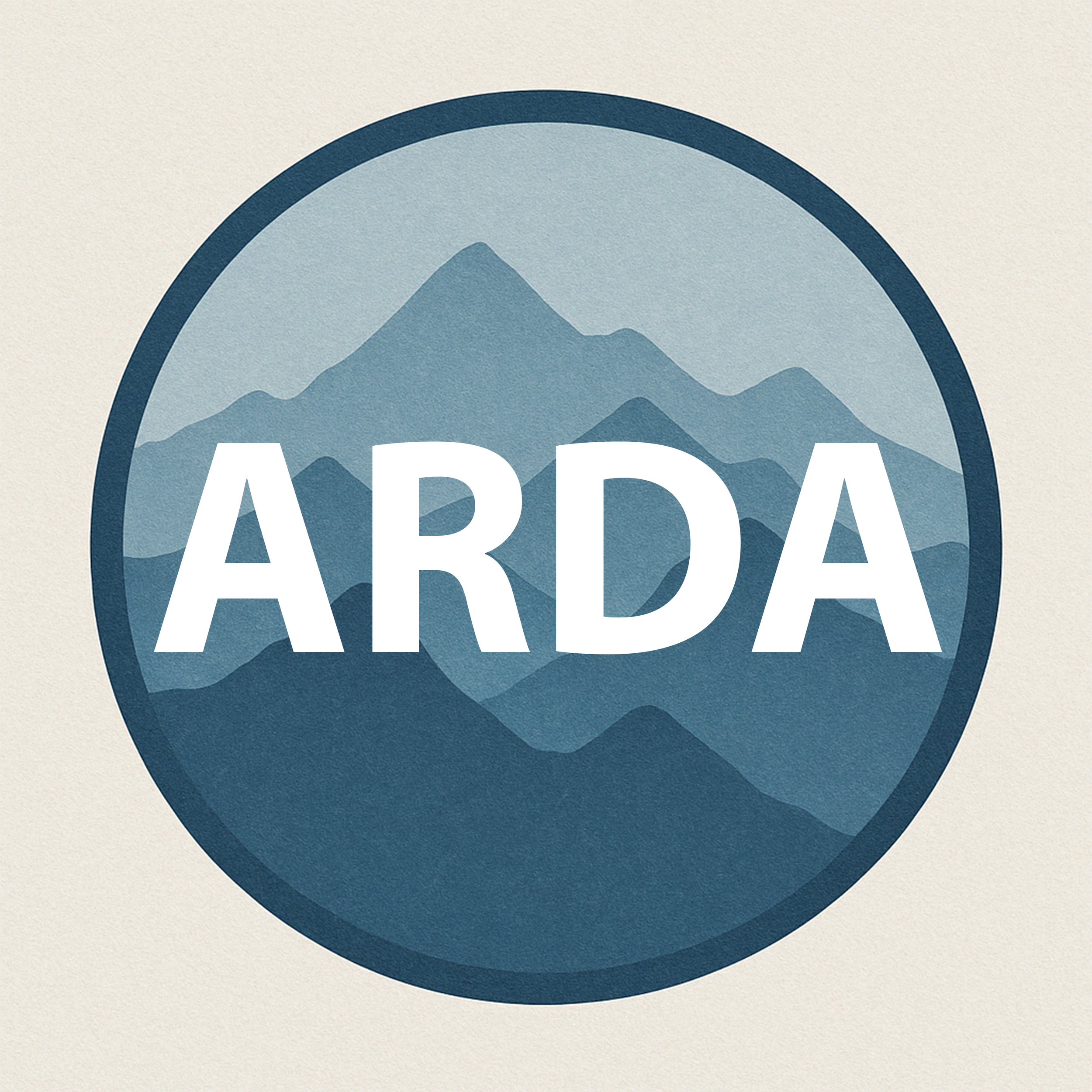ARDA logo with mountain silhouette in blue circle