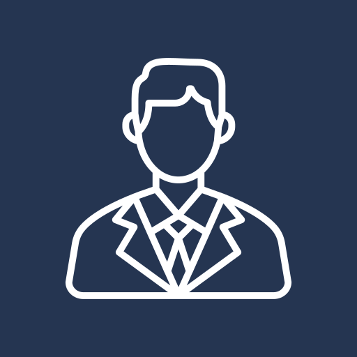 Simple line icon of a person in a suit on a dark background.