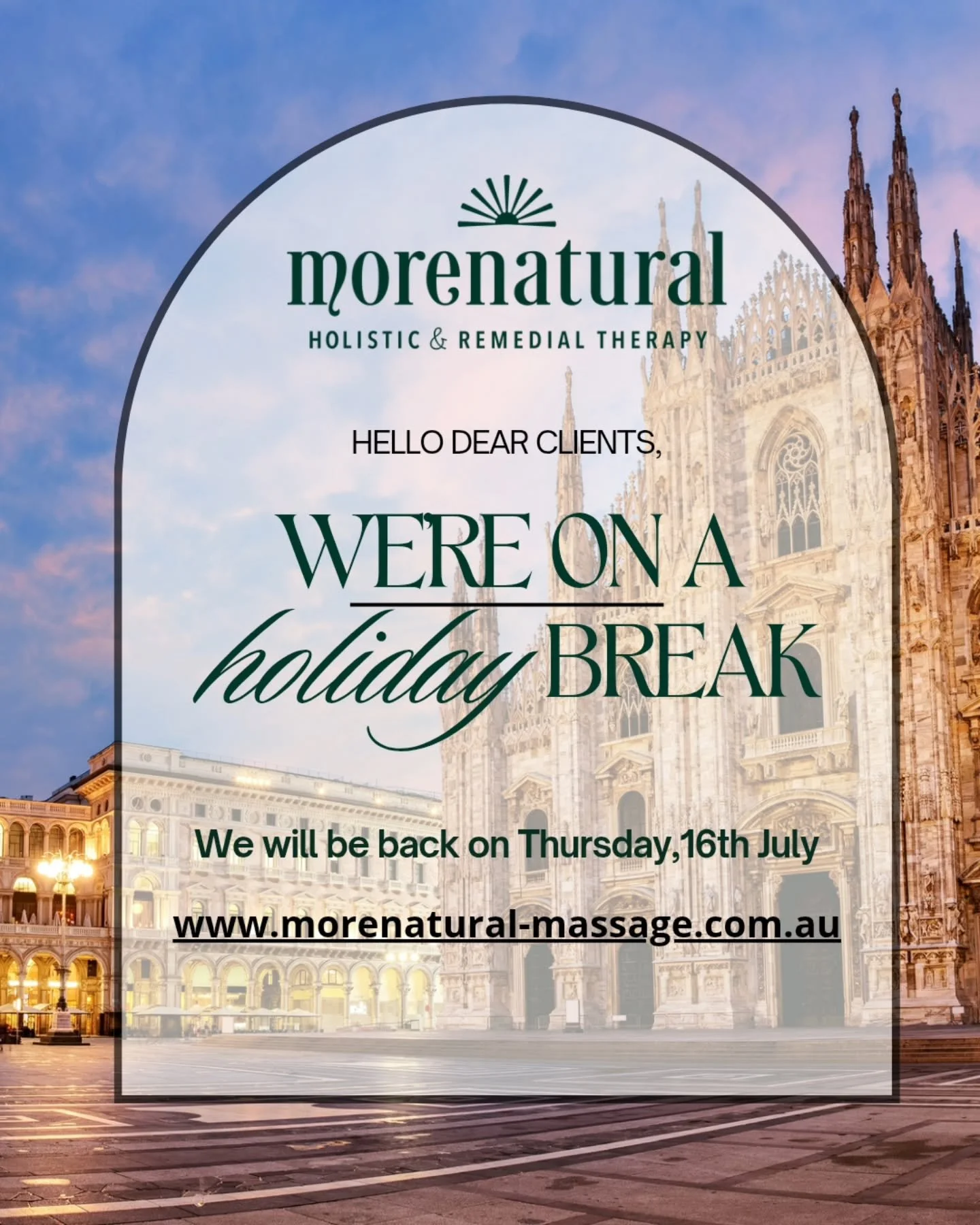 Morenatural will be closed from 3 June until 16 July ✈️🤍

It's time for me to recharge with family love, European summer vibes, lots of food, and a little bit of relaxation ☀️🍝

I'll be back refreshed, re-energised, and ready to take care of you al