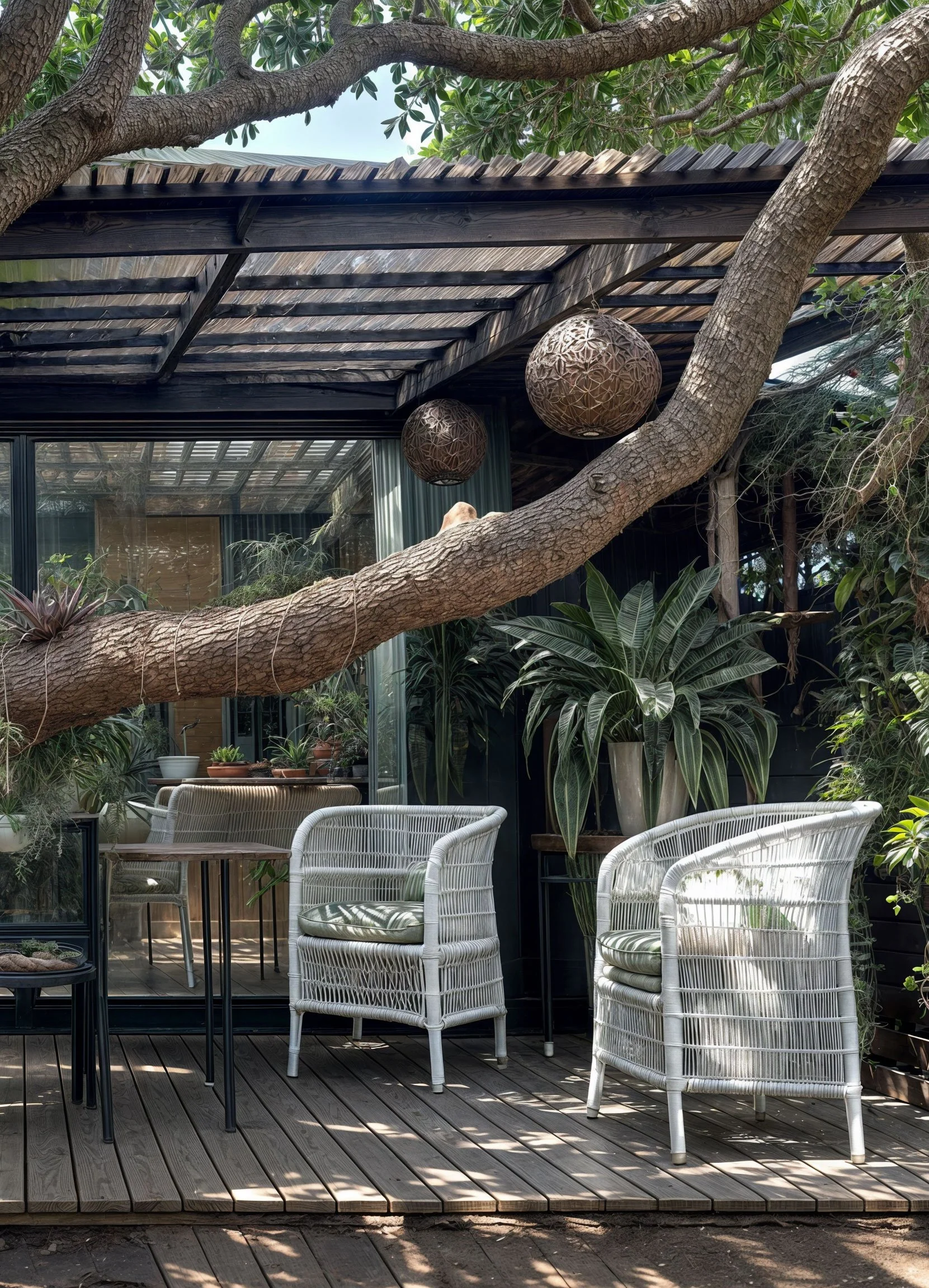 Outdoor patio with wicker chairs, large tree branch, lush plants, and spherical hanging lights under a glass pergola.
