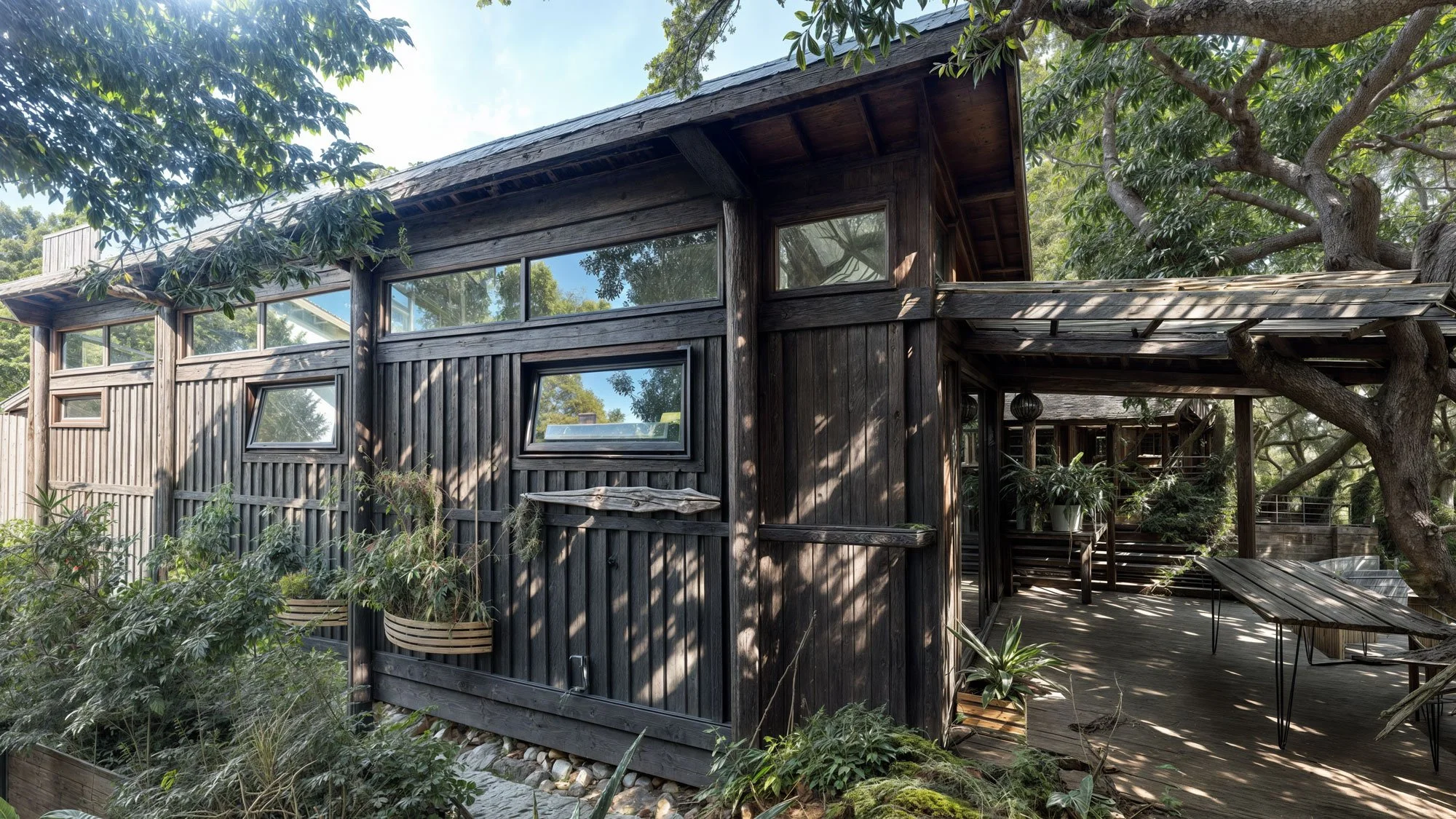 Modern wooden building with large windows, surrounded by lush greenery under a clear blue sky.