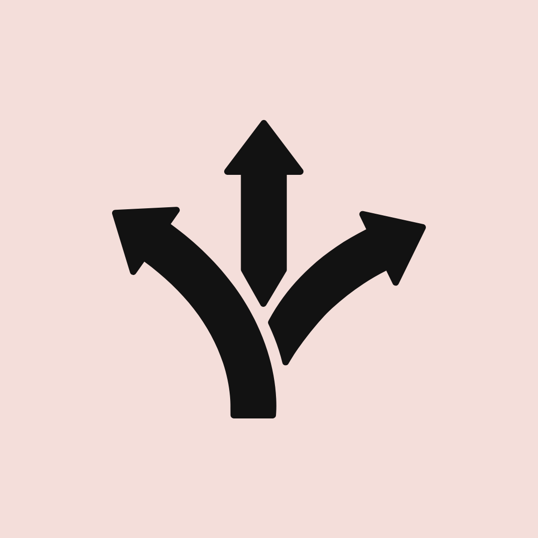 Black arrows branching in three directions on a pink background.