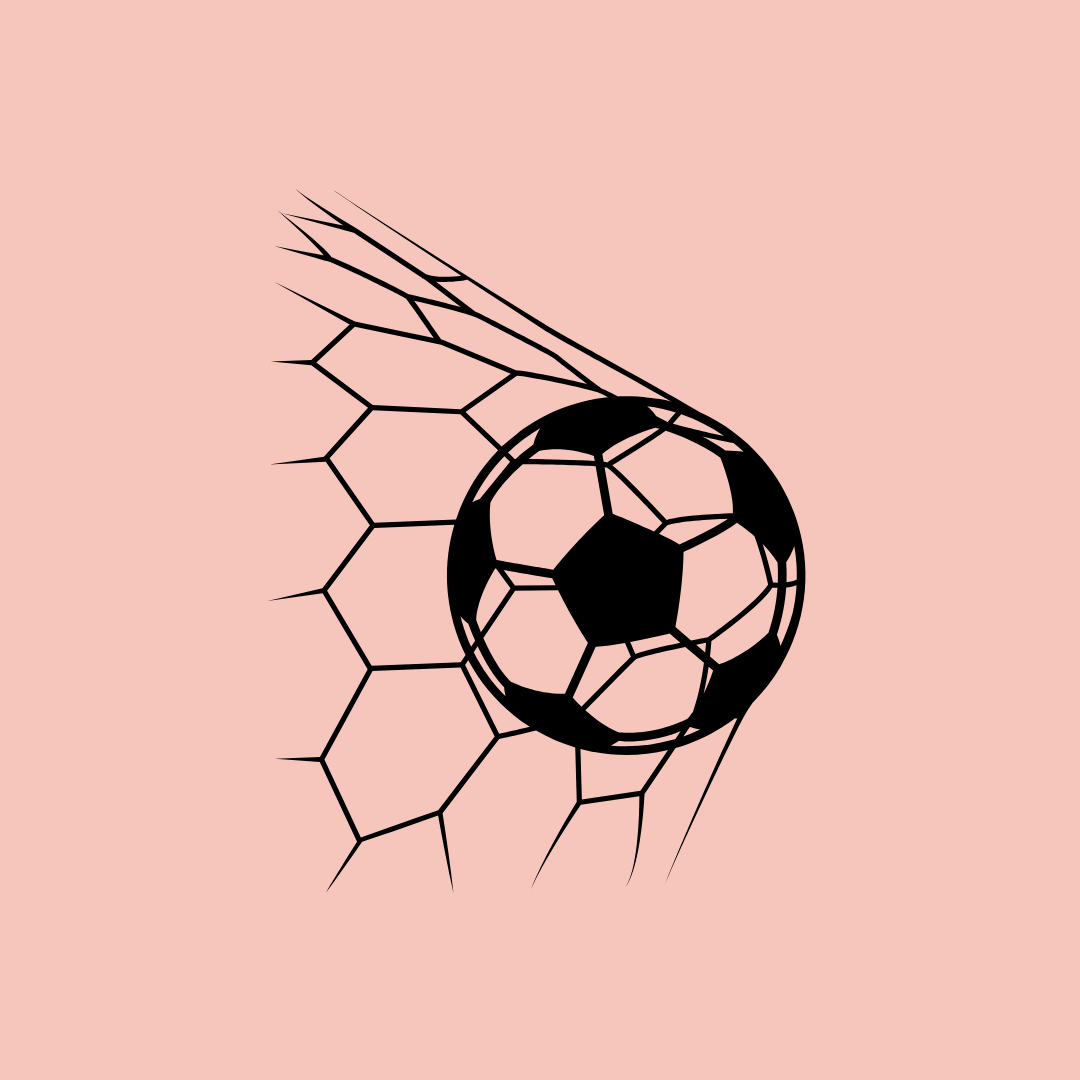 A stylized illustration of a soccer ball entering a goal, on a pink background.