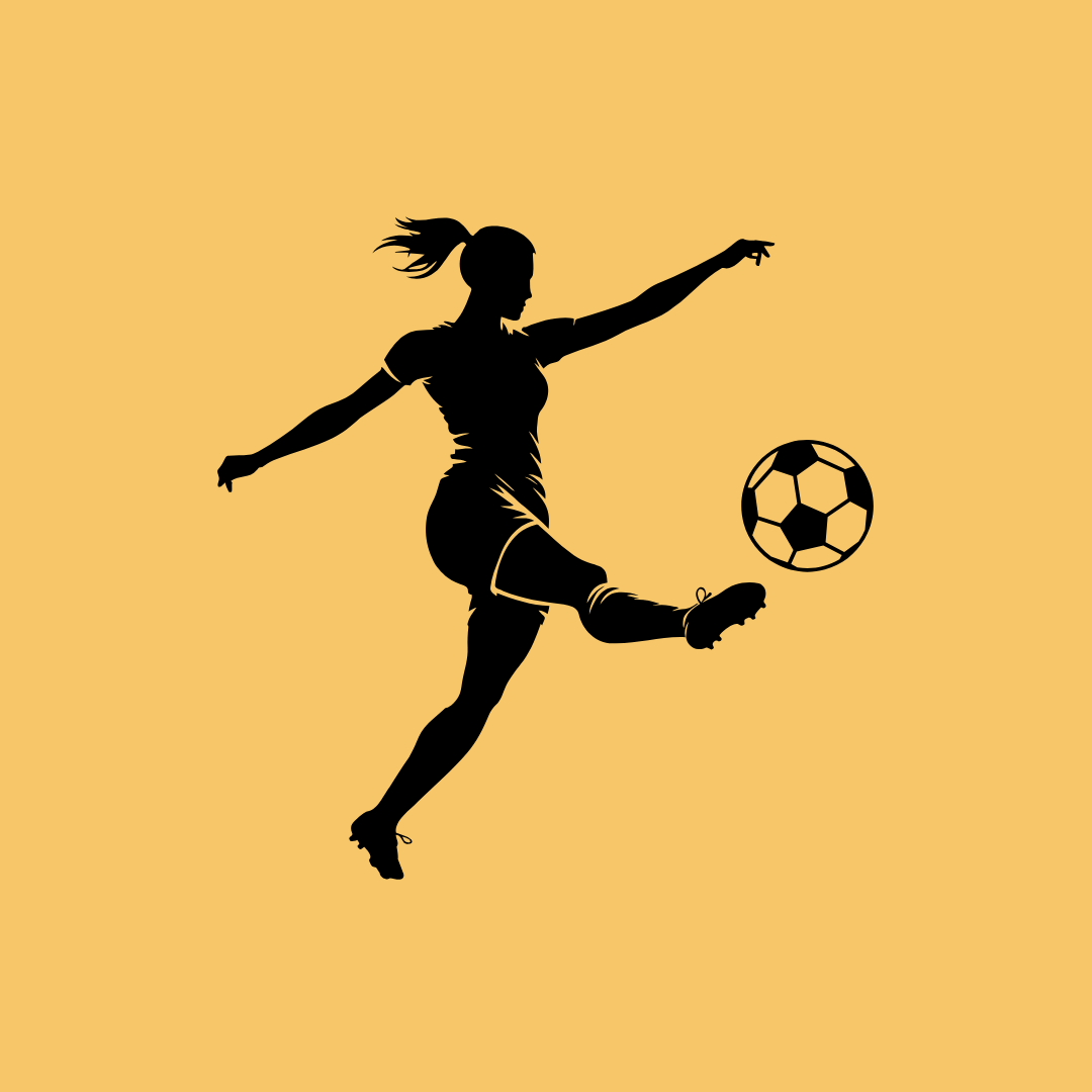 Silhouette of a female soccer player kicking a soccer ball on a yellow background.