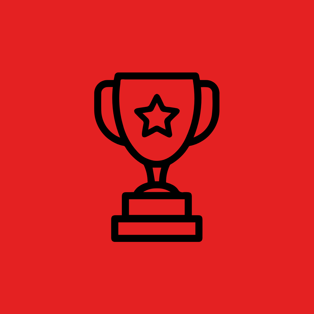 Icon of a trophy with a star in the center on a red background.