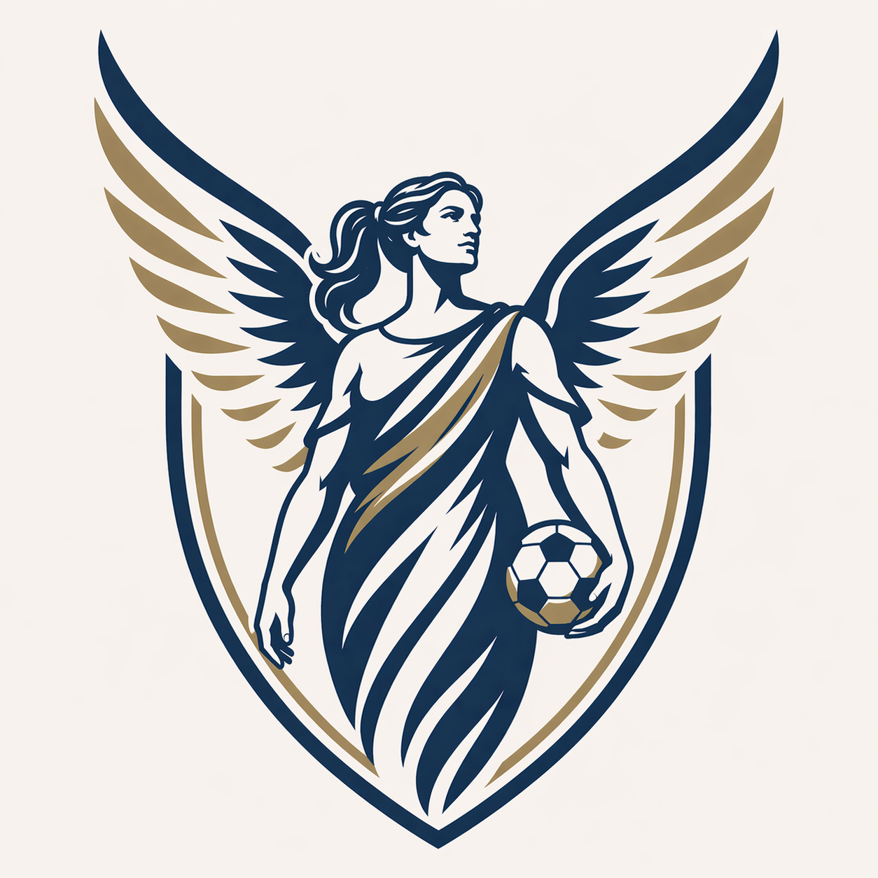 A stylized illustration of an angelic woman with large wings, holding a soccer ball in one hand, and standing in front of a shield-shaped background, depicted in navy blue, gold, and beige tones.