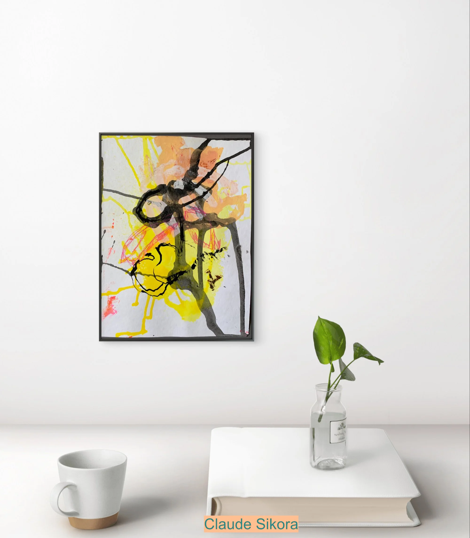 Abstraktes Originalwerk Lichtung No. 02. Mixed-Media-Bild auf Aquarellpapier mit gelber Acylfarbe und dunkler Tusche.