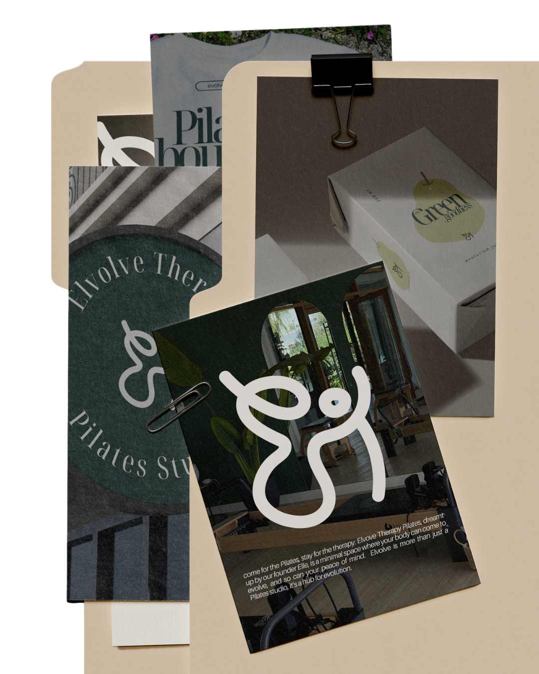 Multiple printed materials, including flyers and posters, displayed on a table, advertising Pilates and therapy services, with logo designs and interior images a branding pack for a client