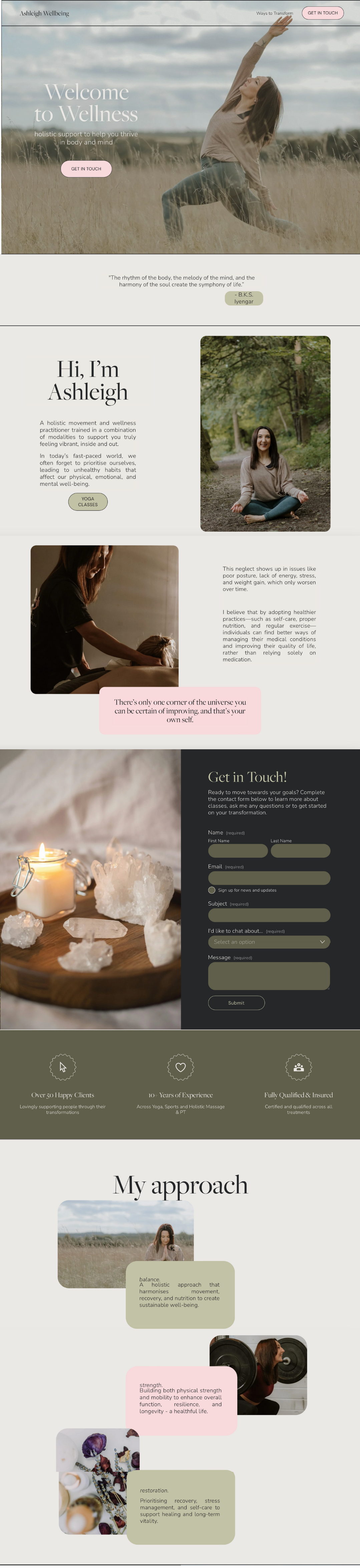 A website homepage for Ashleigh Wellbeing with sections about wellness support, an introduction from Ashleigh, a contact form, and details about her holistic approach, featuring images of a woman doing yoga outdoors, a woman receiving a massage, and a person lifting weights.