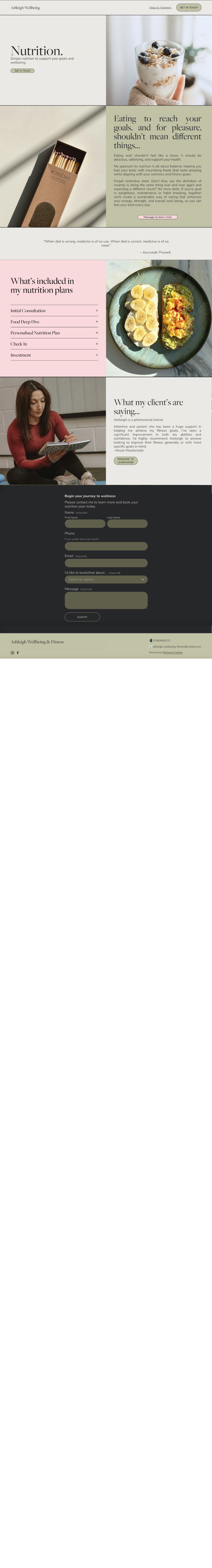 The image shows a webpage about nutrition, featuring a glass of yogurt with berries and granola, a box of chocolate-covered biscuits, a plate of sliced bananas with a vegetable salad, a woman holding a smartphone, and a form for client information.