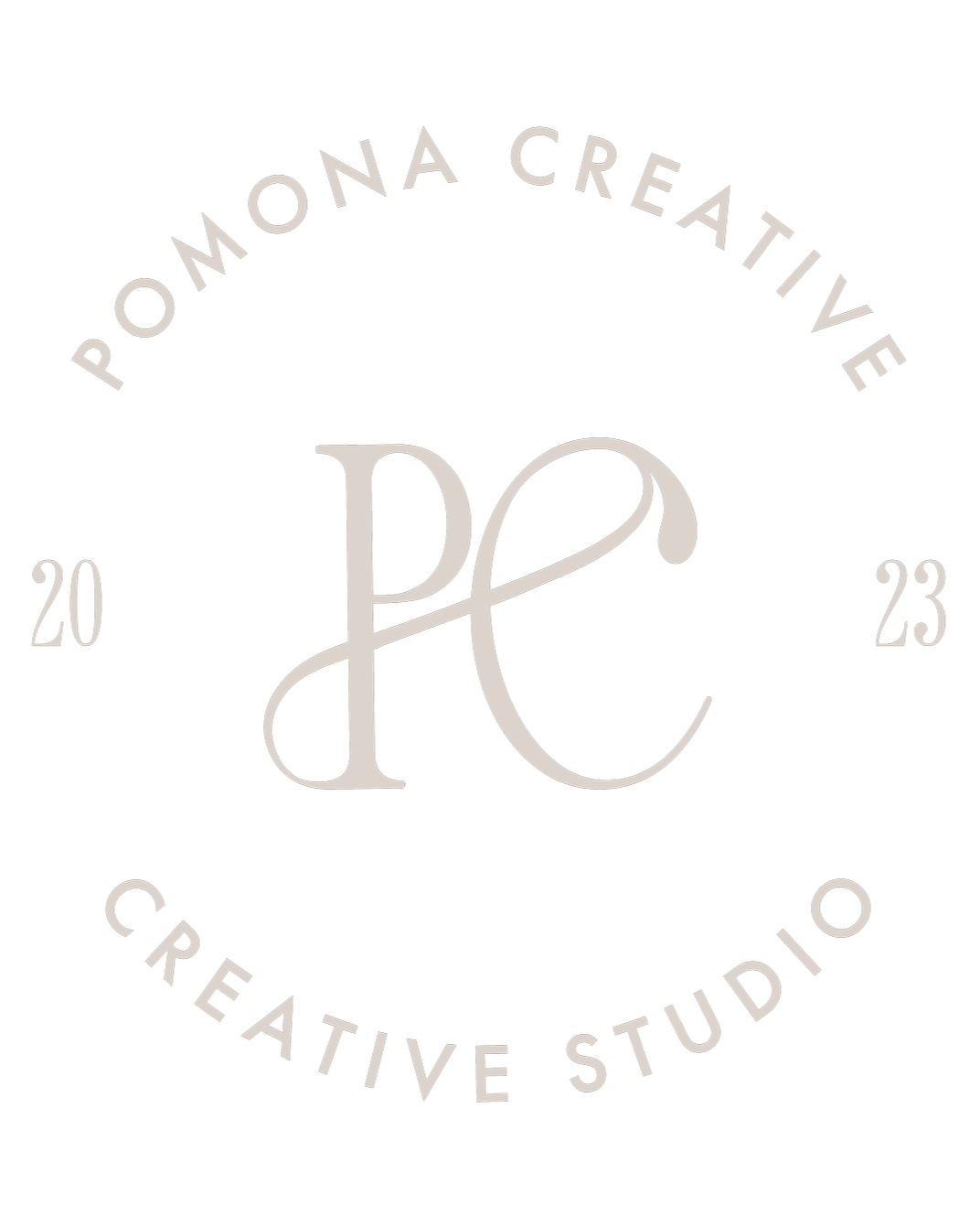 Logo for Pomona Creative Studio featuring the initials P and C in elegant script, with text indicating it was established in 2023.