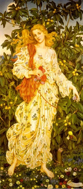 A woman with long, wavy blonde hair wearing a flowing, cream-colored dress with floral patterns, standing in front of a lush, green plant with yellow fruits, holding a small red flower and a red, netted bag.