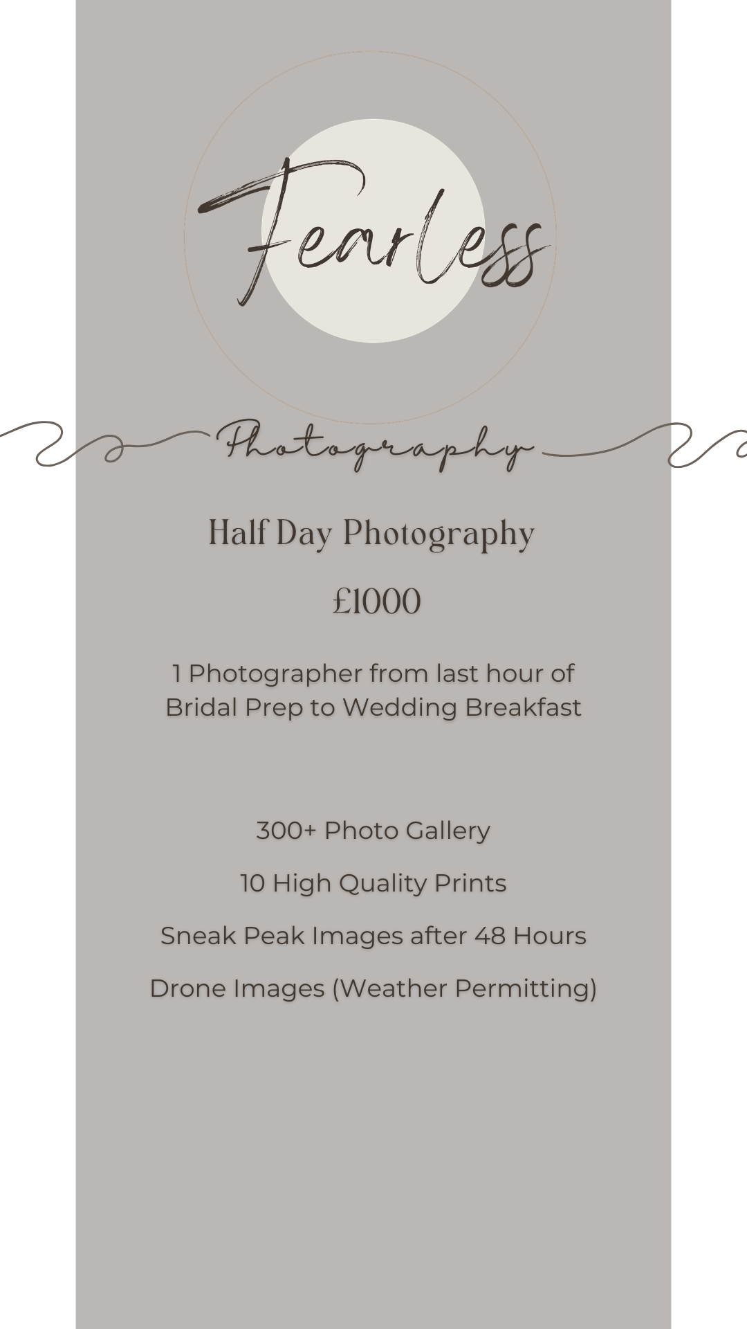 Advertisement for Fearless Photography offering half-day wedding photography services for 1000 pounds, including a photographer from the last hour of bridal prep to breakfast, with a gallery of over 300 photos, 10 high-quality prints, sneak peek images after 48 hours, and drone images weather permitting.