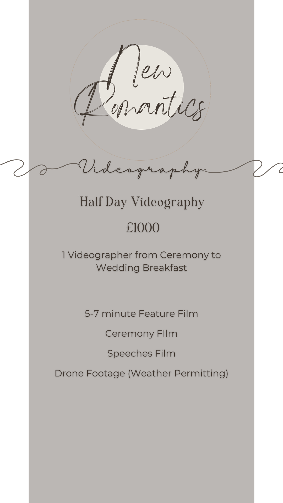 Advertisement for a wedding videography service called Few Romantics, offering half-day videography packages for 1000 pounds, including ceremony to breakfast coverage, featuring a 5-7 minute film, ceremony and speeches films, and drone footage for weather permitting.