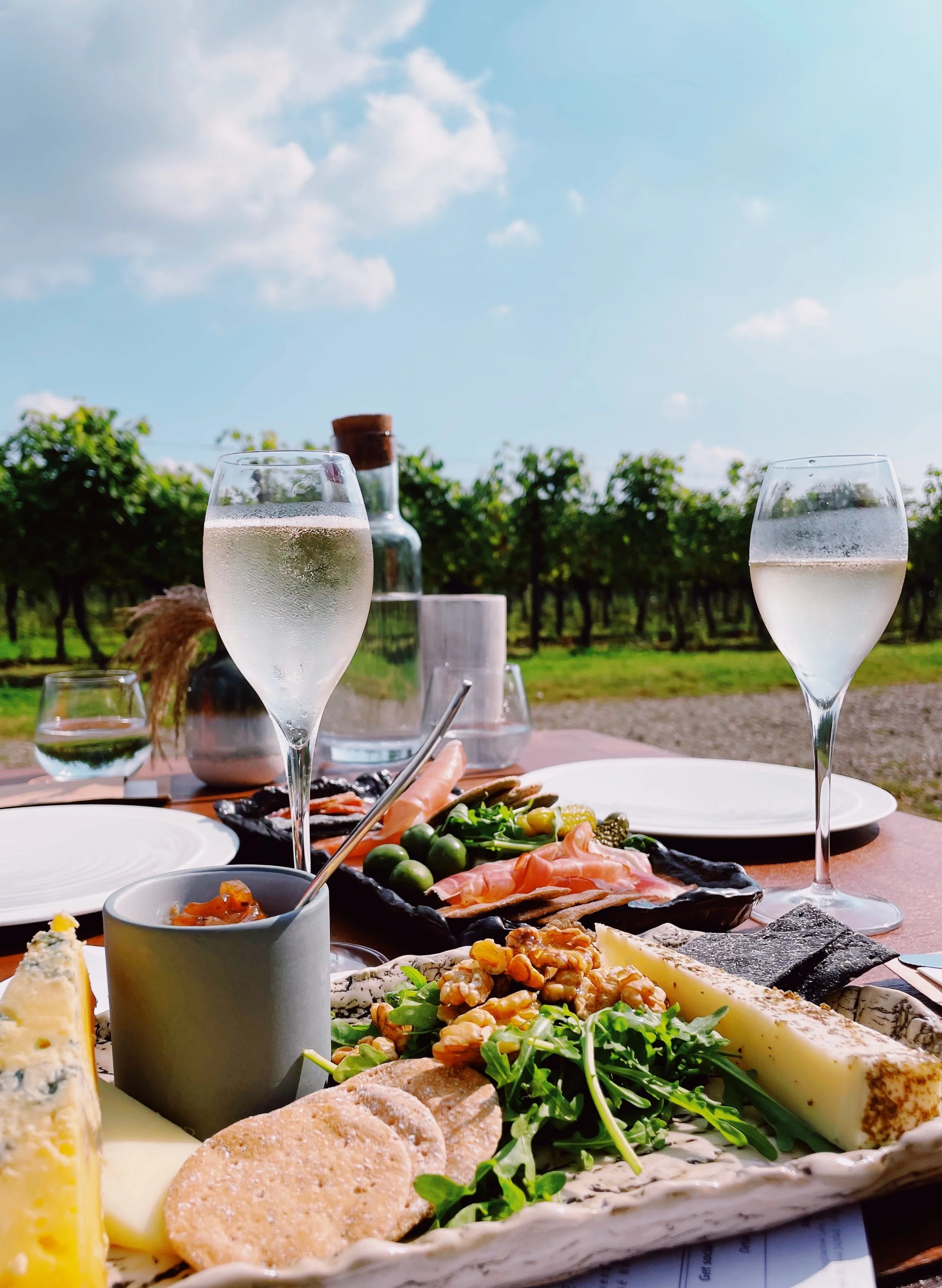 Outdoor dining with two glasses of English sparkling wine,  in a scenic vineyard overlooking the South Downs.