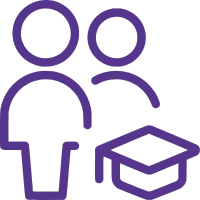 Two stylized human icons with a graduation cap icon, representing education or graduation.
