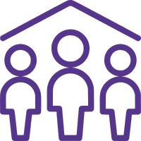Outline drawing of three people standing together under a roof or tent.