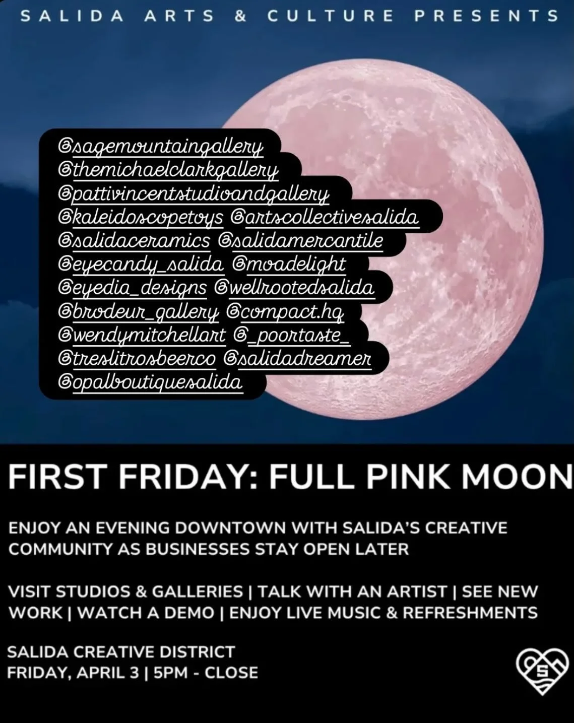 Here&rsquo;s a list of participating galleries and businesses for First Friday tonight. Well Rooted will be open from 5:30-7:30pm featuring music from Mitch and handmade embroidered towels by Yevette Montoya. Snacks and drinks provided. Hope to see y