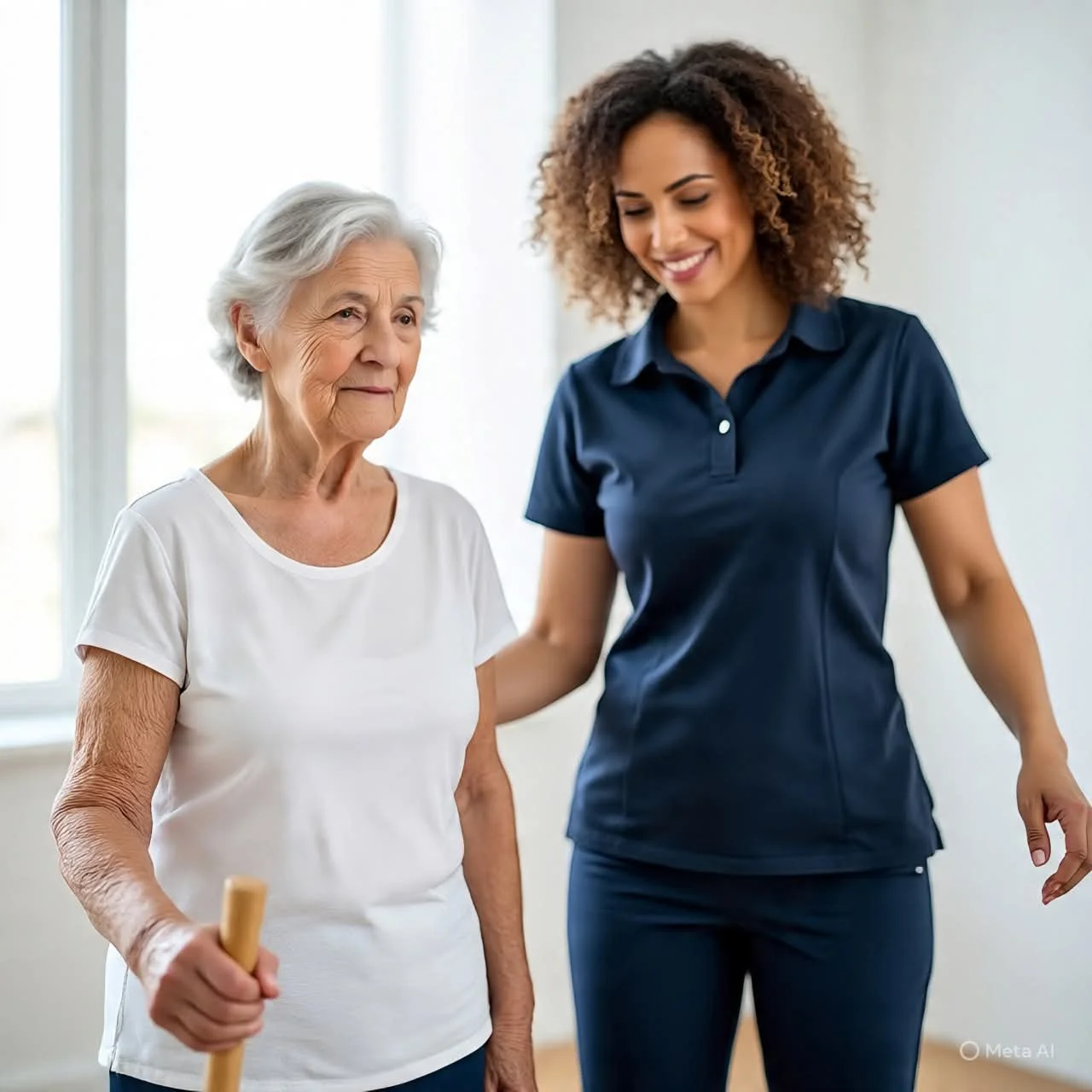 Elderly man using cane assisted by therapist near wheelchair