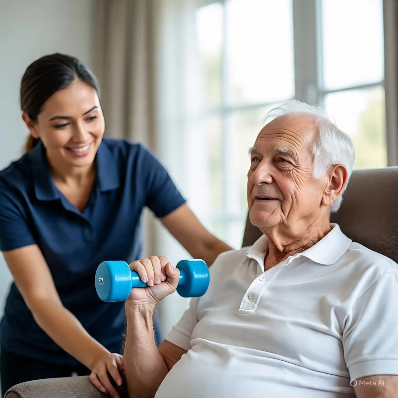 Nurse assisting elderly woman with walker in bright room