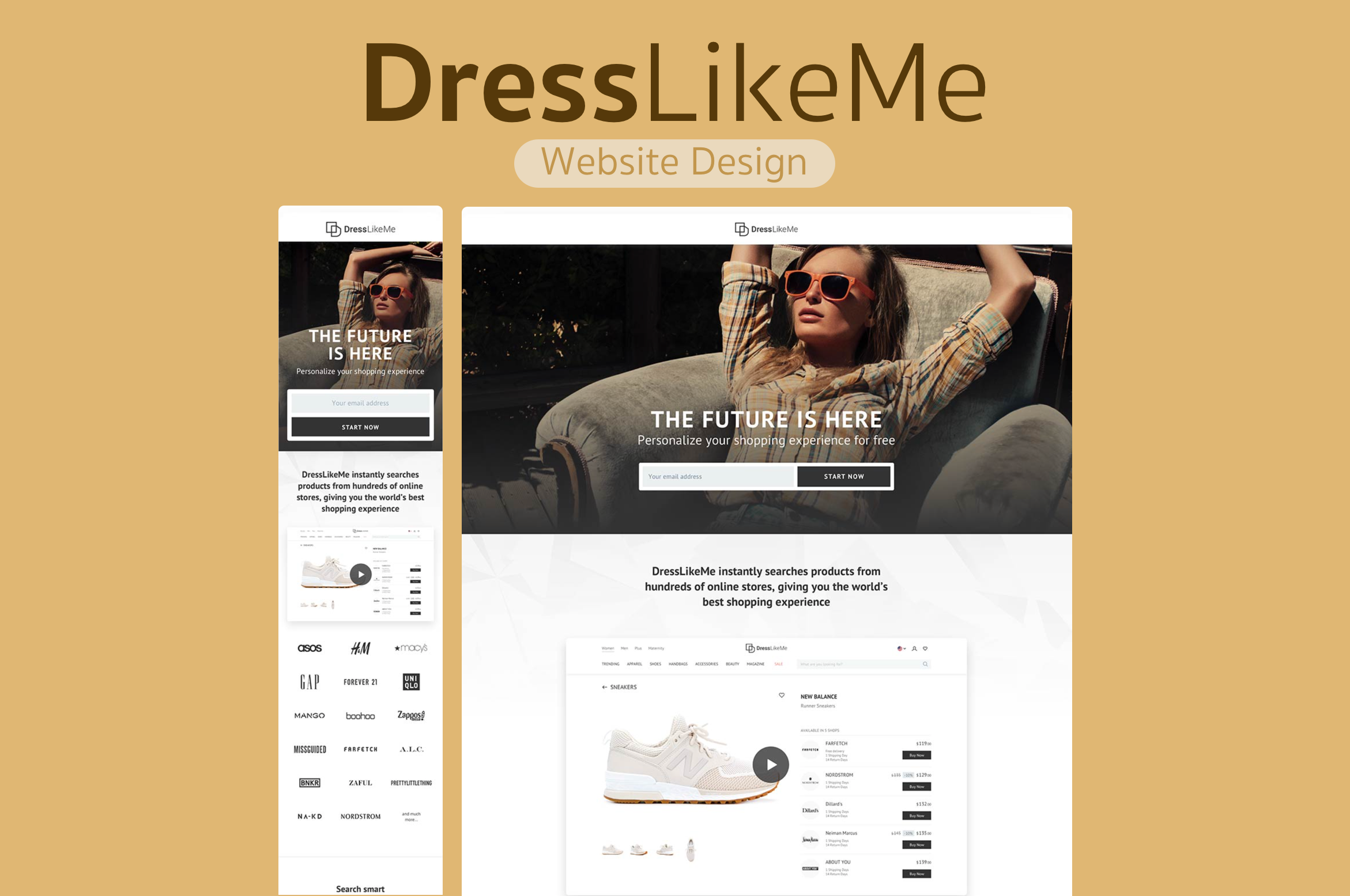 DressLikeMe website design preview showcasing a homepage layout with an image of a woman in sunglasses and text offering shopping personalization. Includes logos of fashion brands and a sneaker product display.