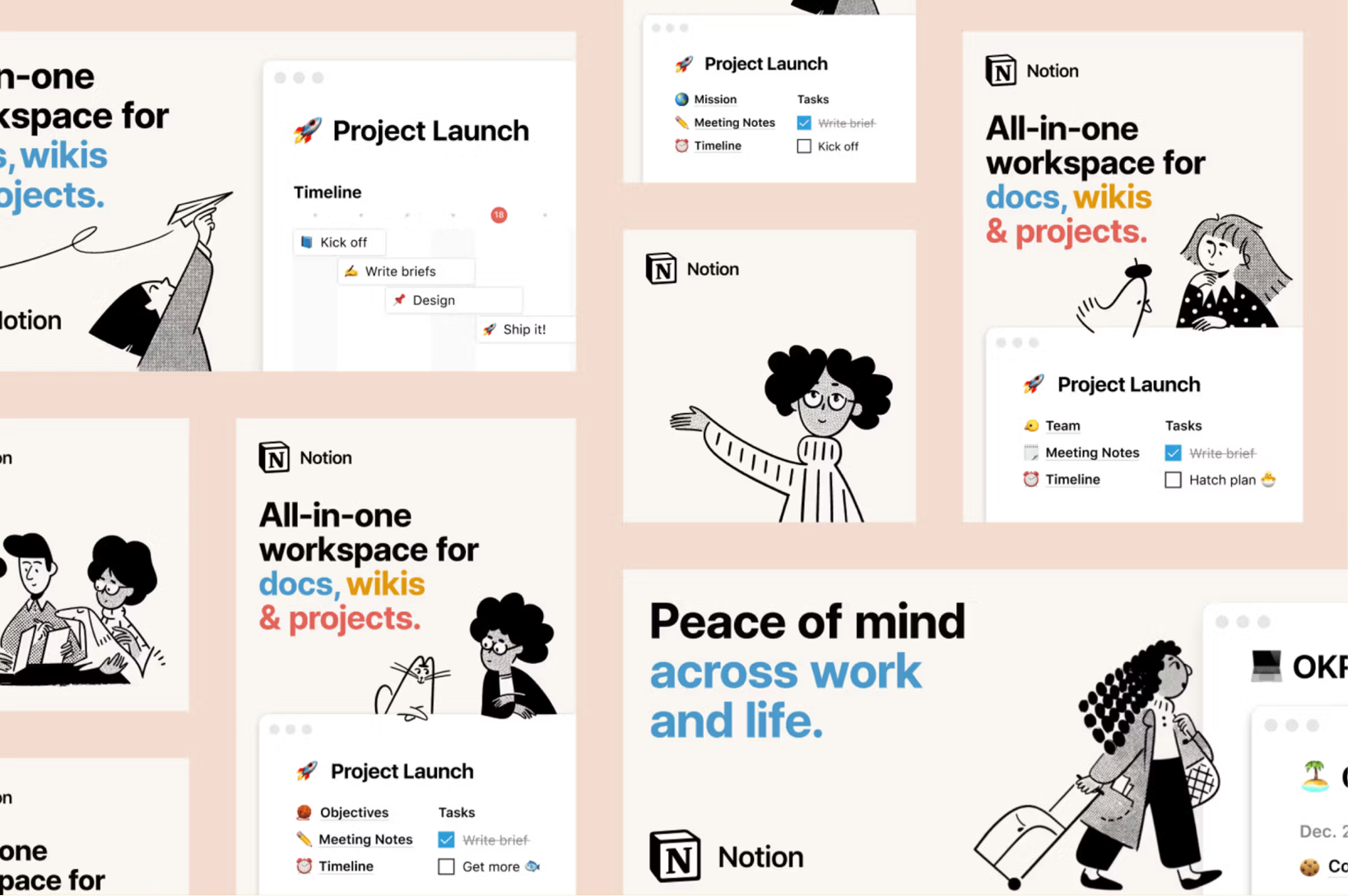 Notion workspace and project management illustrations with text promoting all-in-one solutions for docs, wikis, and projects.